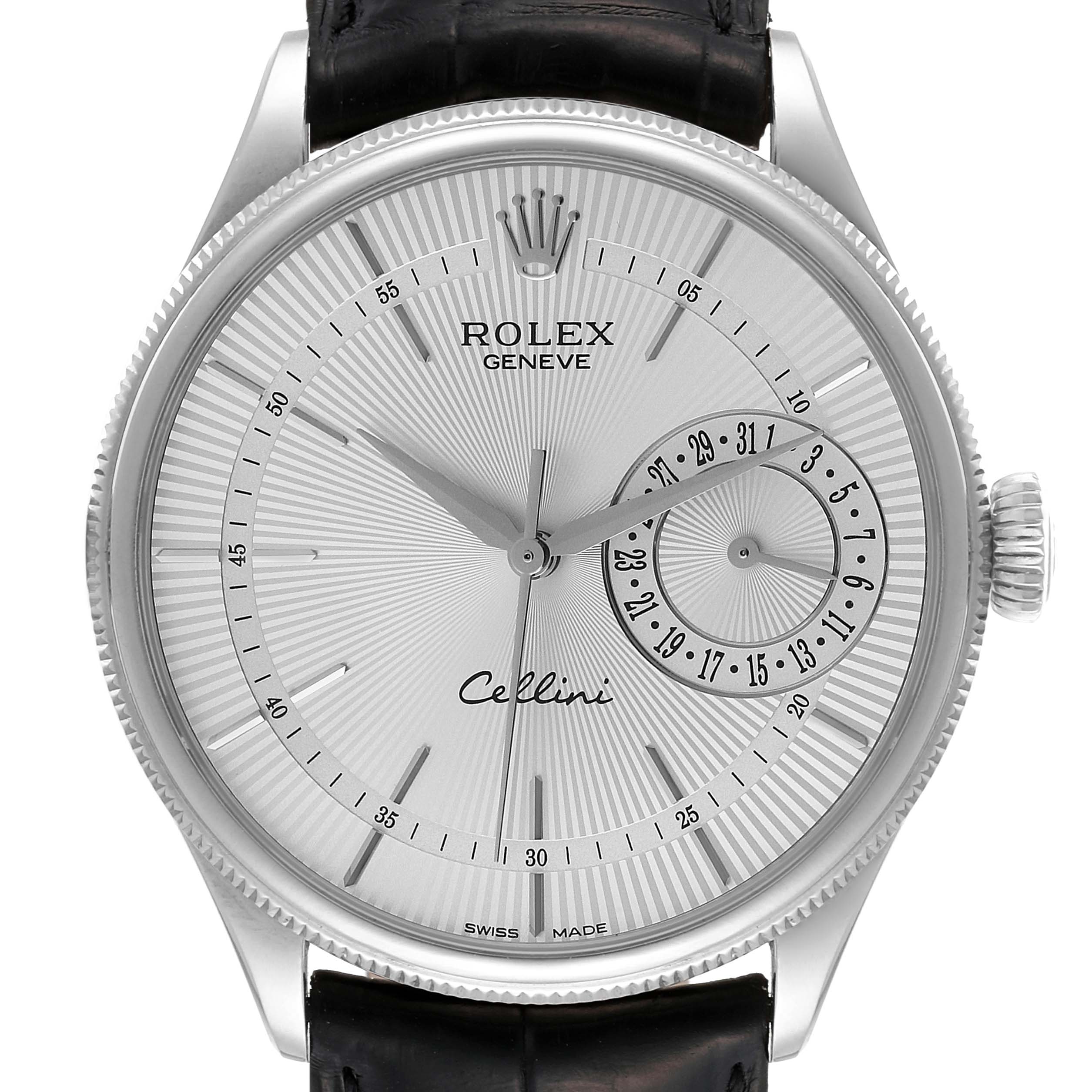 The image shows a front view of a Rolex Cellini 50519 Men's White Gold Silver Dial 50519 Men's White Gold Silver Dial watch, displaying the dial, hands, and date subdial.