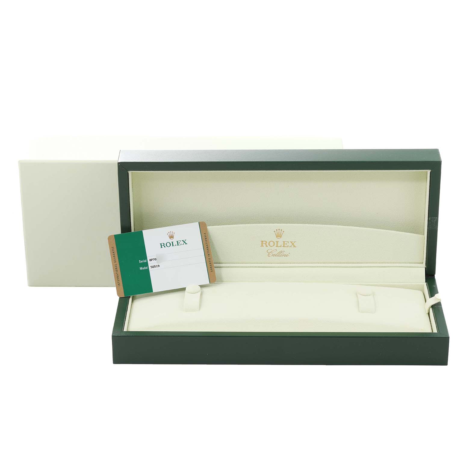This image shows the open packaging, including the box and warranty card, for a Rolex Cellini 50519 Men's White Gold Silver Dial 50519 Men's White Gold Silver Dial model watch.