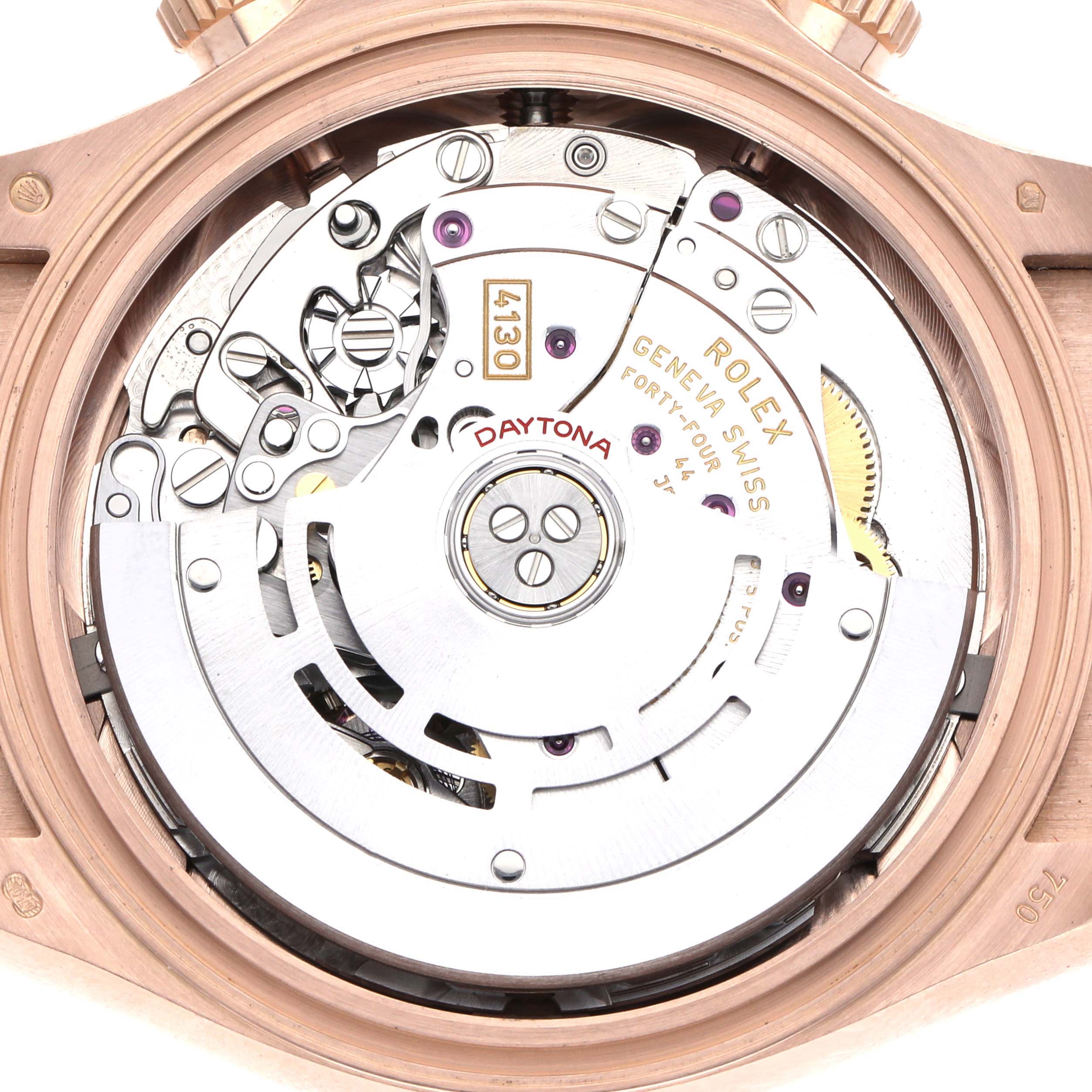 The image shows the Rolex Daytona 116515LN Men's Rose Gold Pink Dial 116515LN Men's Rose Gold Pink Dial's movement from a back view, highlighting its intricate mechanical components.