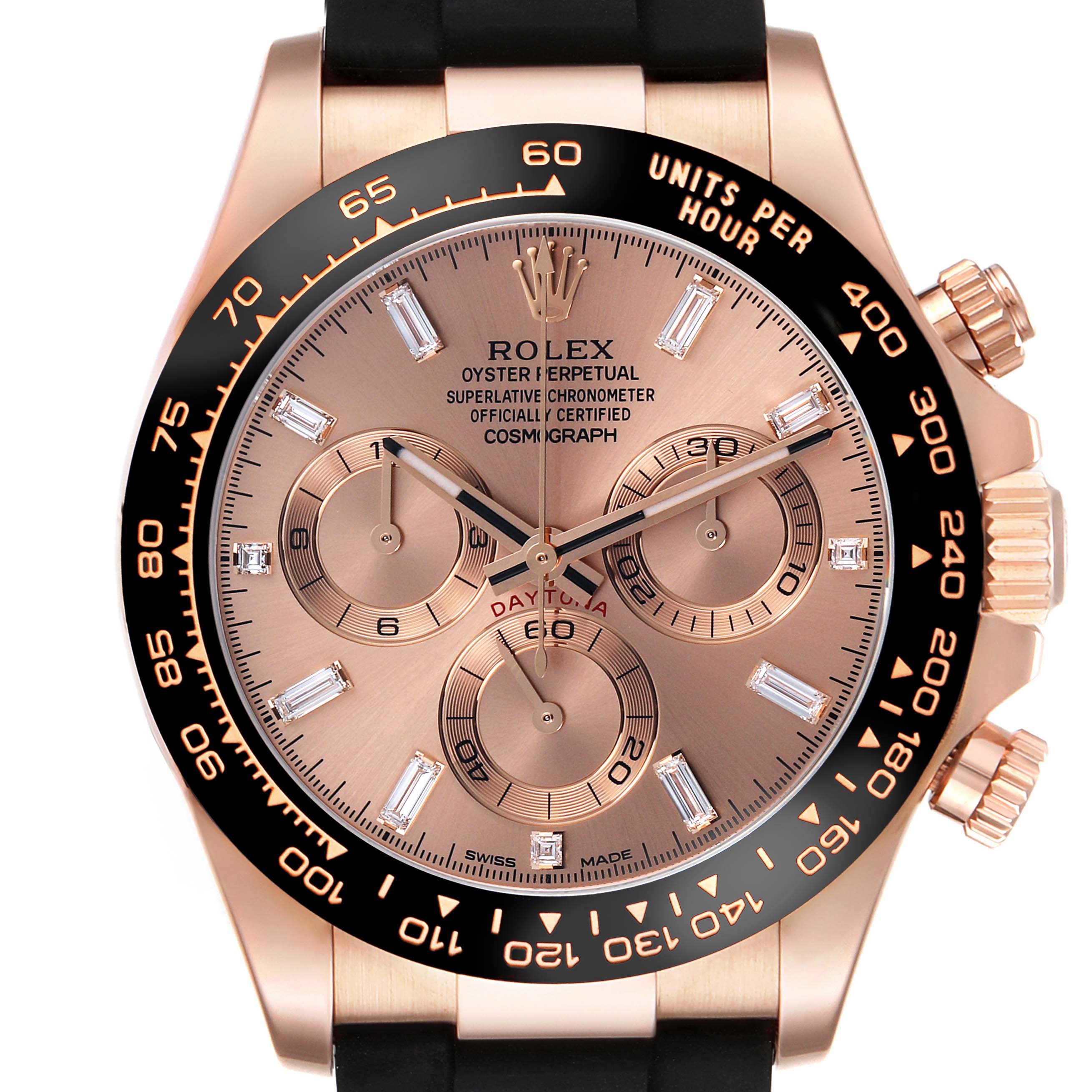 The Rolex Daytona 116515LN Men's Rose Gold Pink Dial 116515LN Men's Rose Gold Pink Dial watch is shown from a frontal angle, highlighting the bezel, chronograph, crown, and dial features.