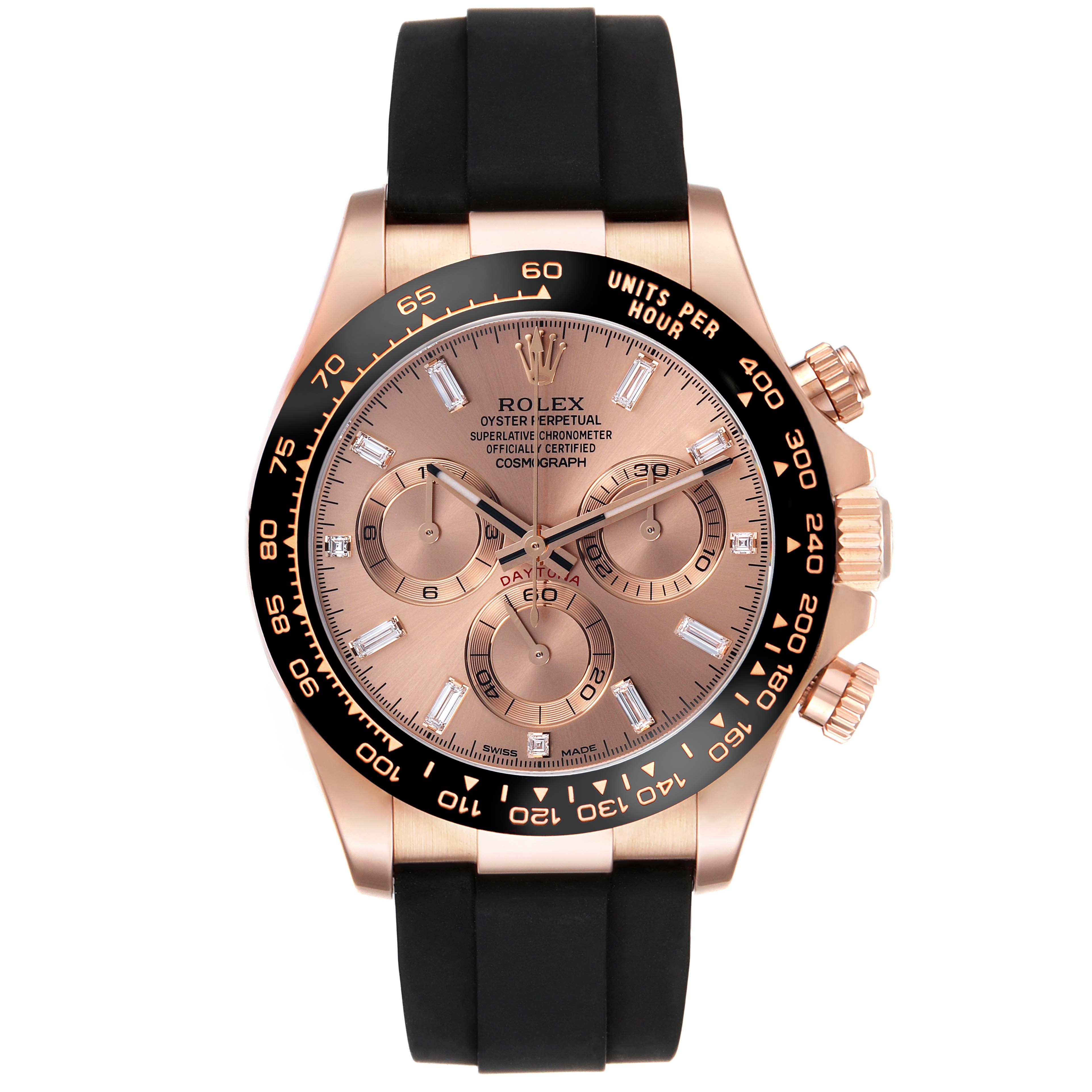 The Rolex Daytona 116515LN Men's Rose Gold Pink Dial 116515LN Men's Rose Gold Pink Dial watch is shown straight-on, displaying the face, bezel, crown, and part of the strap.