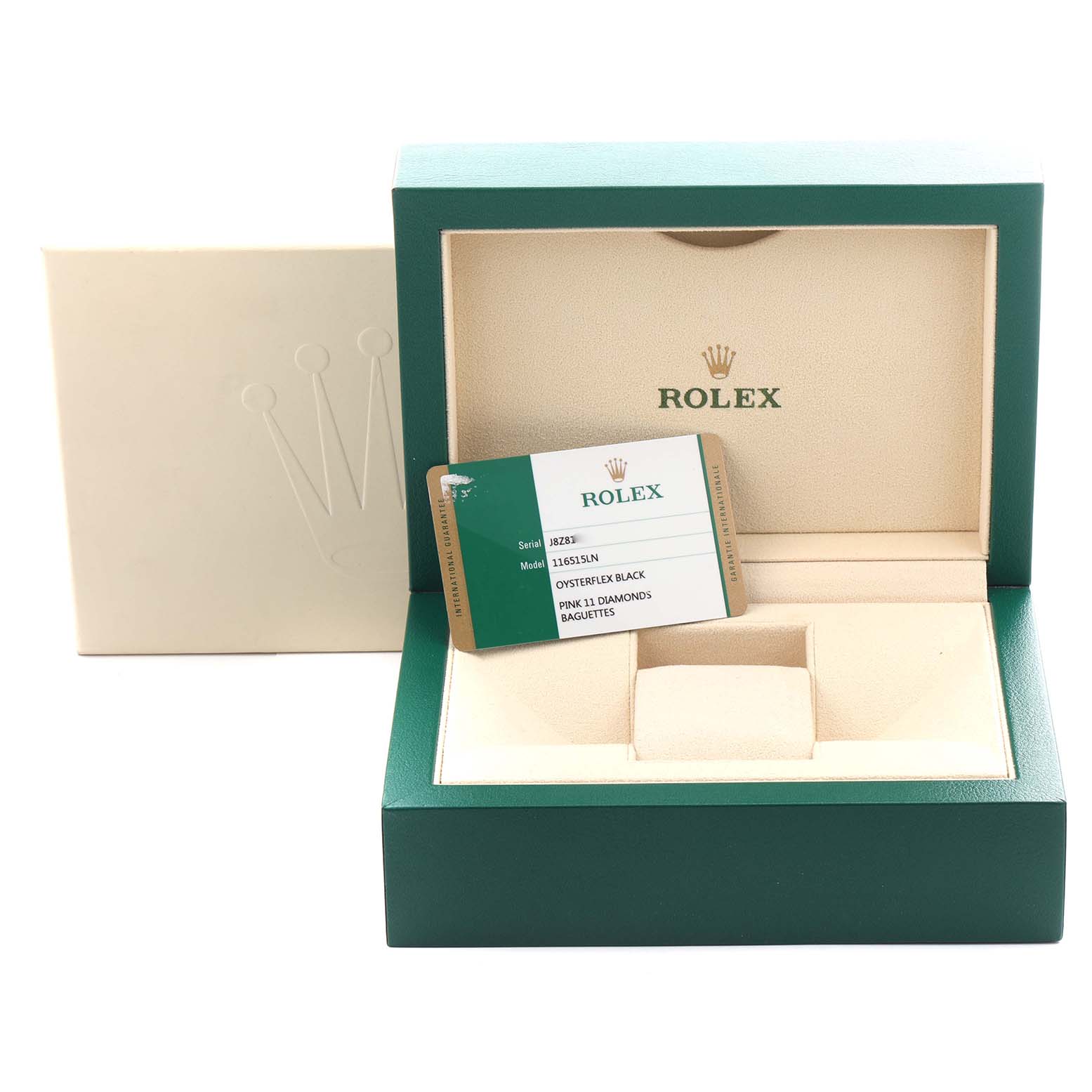 The image shows a Rolex Daytona 116515LN Men's Rose Gold Pink Dial 116515LN Men's Rose Gold Pink Dial watch box open at an angle with the warranty card visible.