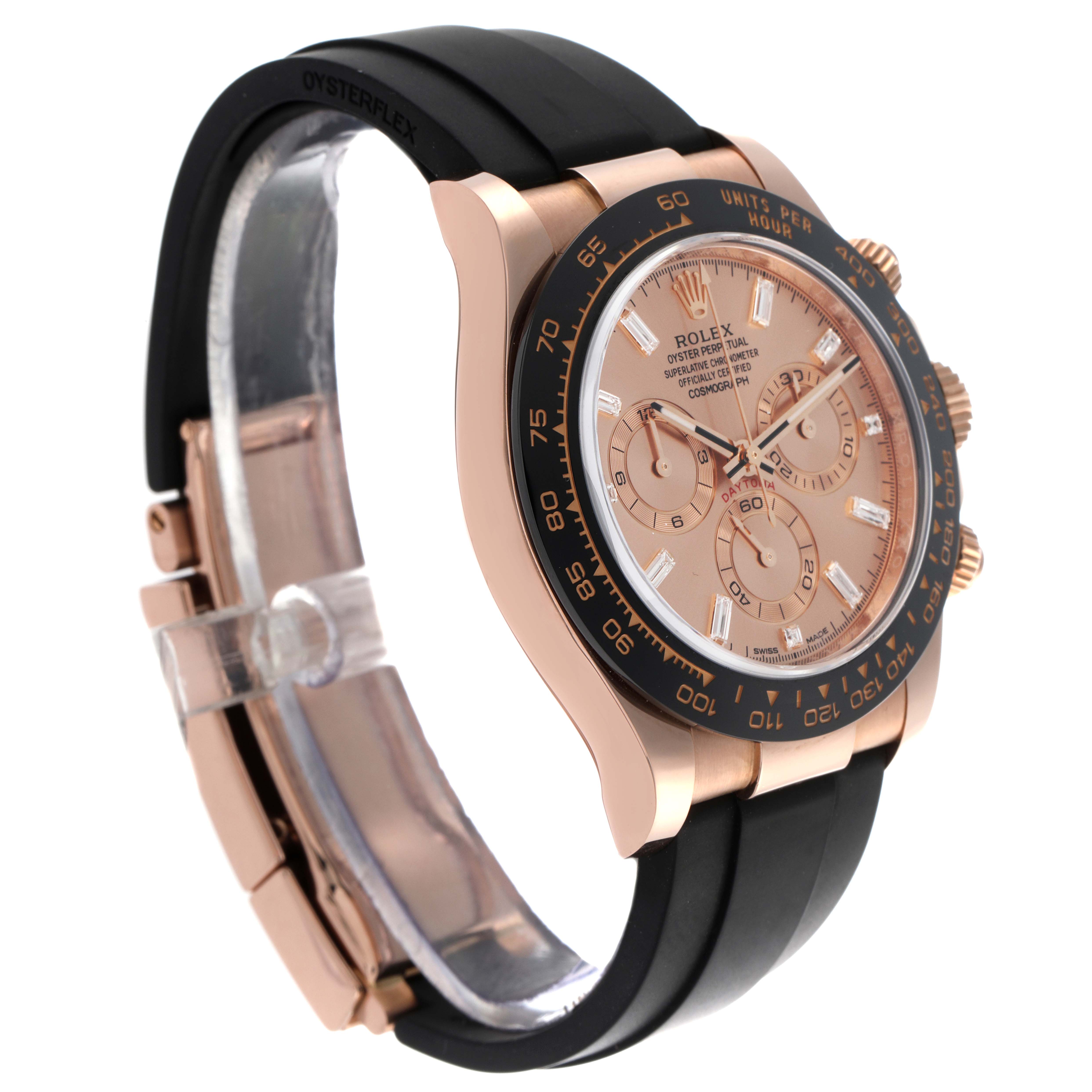 The Rolex Daytona 116515LN Men's Rose Gold Pink Dial 116515LN Men's Rose Gold Pink Dial watch is shown at an angle highlighting its black bezel, rose gold case, dial, and black strap.