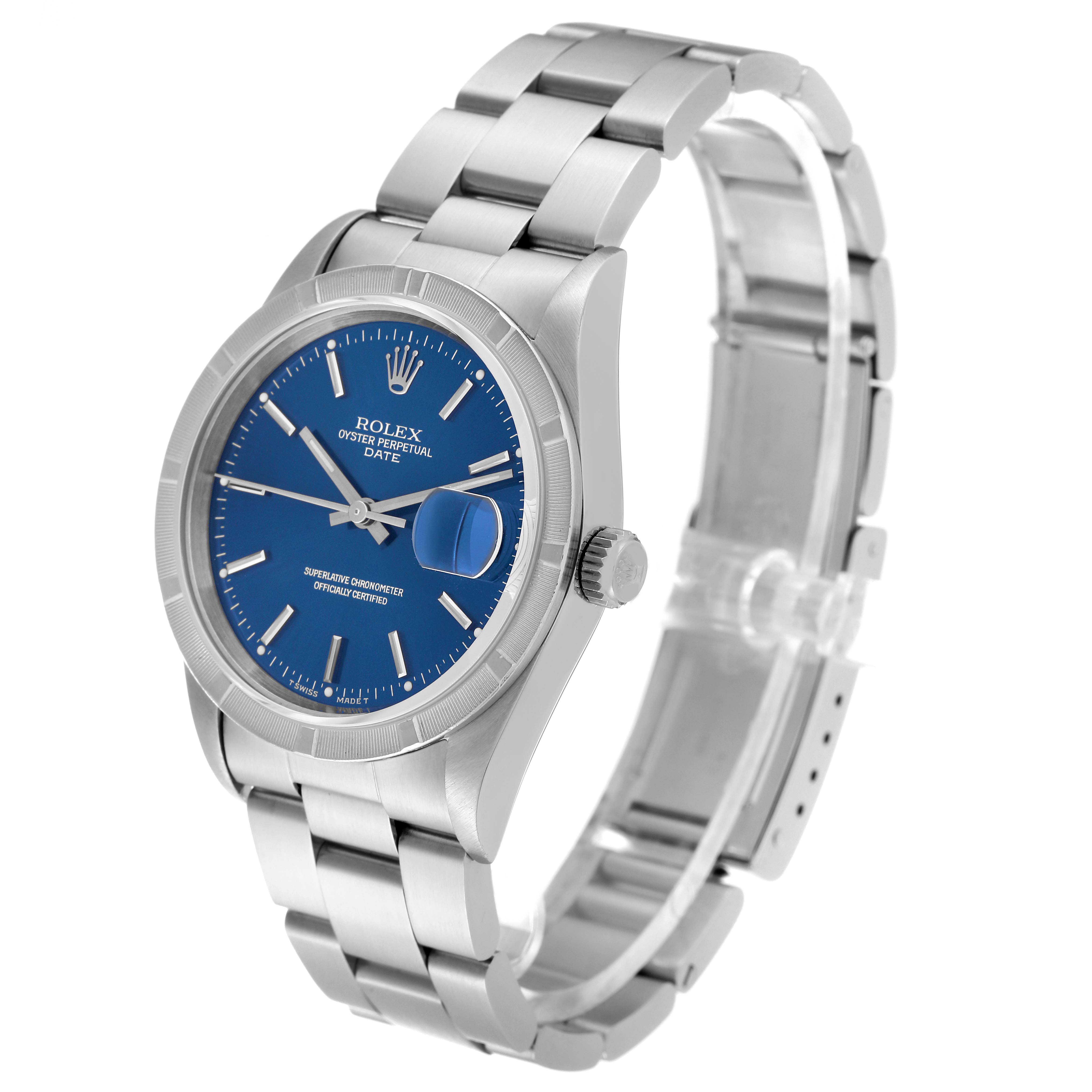A Rolex Date 15210 Men's Stainless Steel Blue Dial 15210 Men's Stainless Steel Blue Dial watch is shown from a three-quarter angle, displaying the face, bezel, crown, and part of the bracelet.