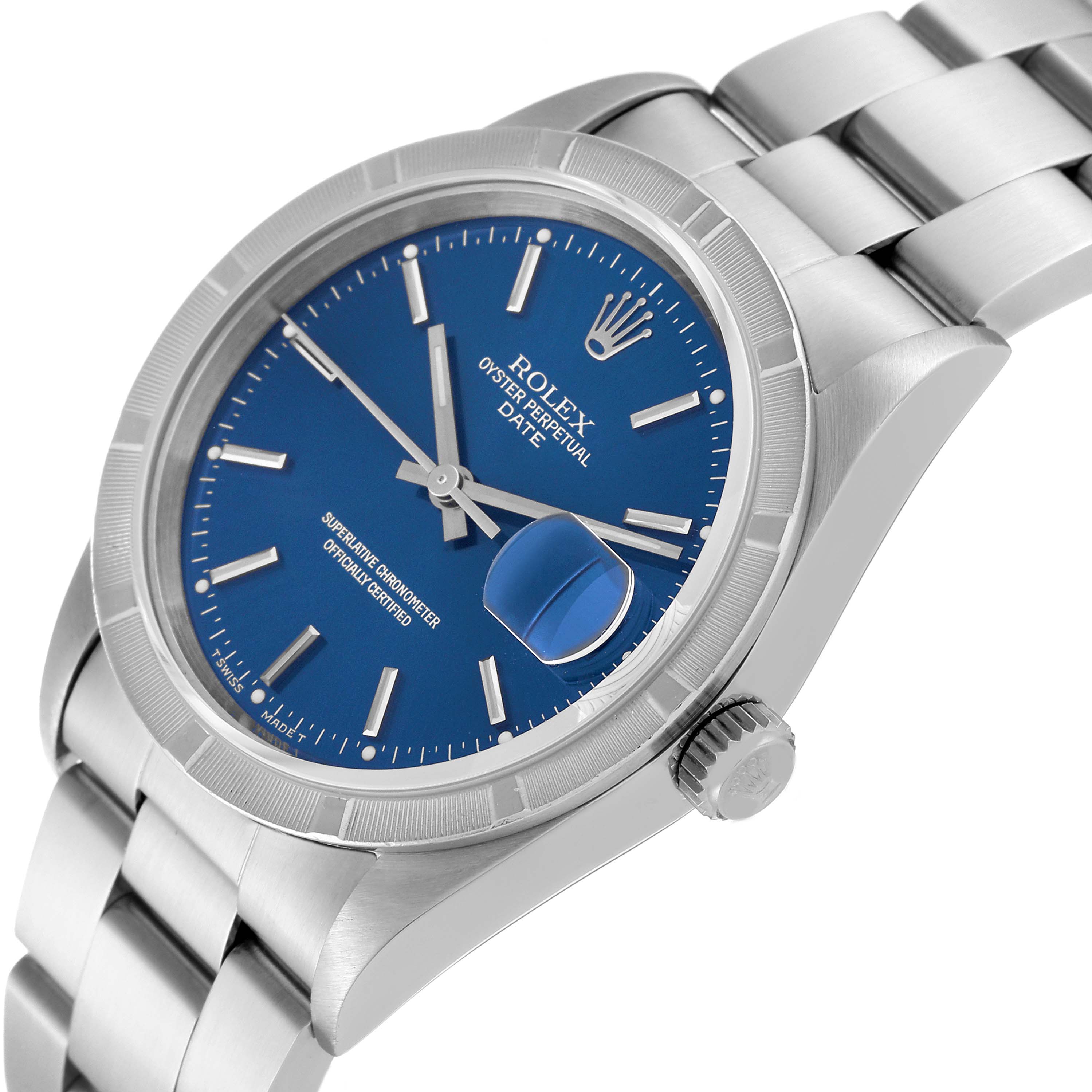 The image shows a Rolex Oyster Perpetual Date watch at an angled view, highlighting the dial, crown, and part of the bracelet.