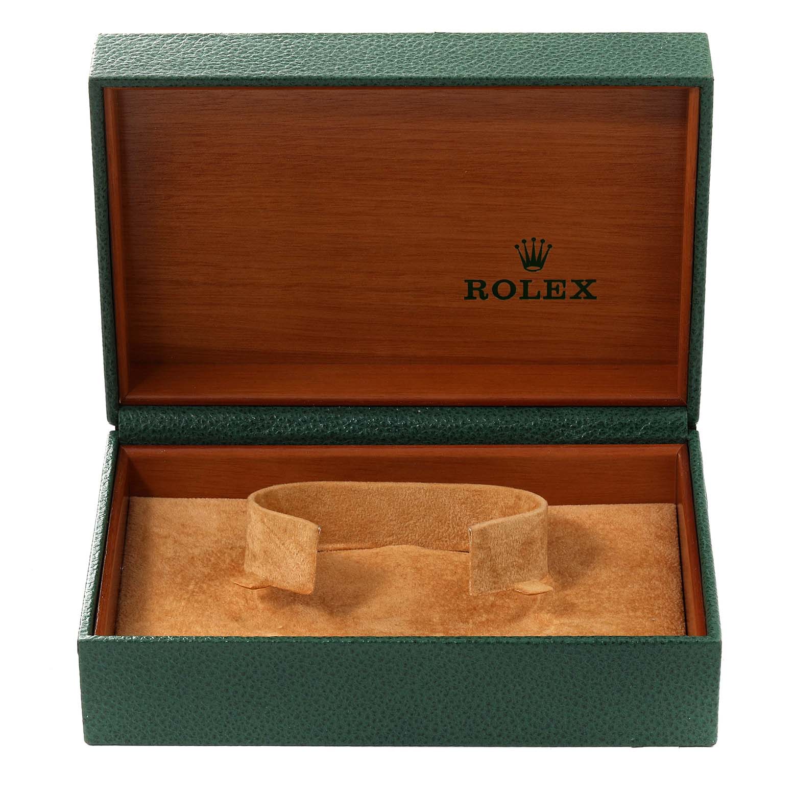 This image shows an open green and wood Rolex box for the Date model watch, with a cushioned interior for holding the watch.