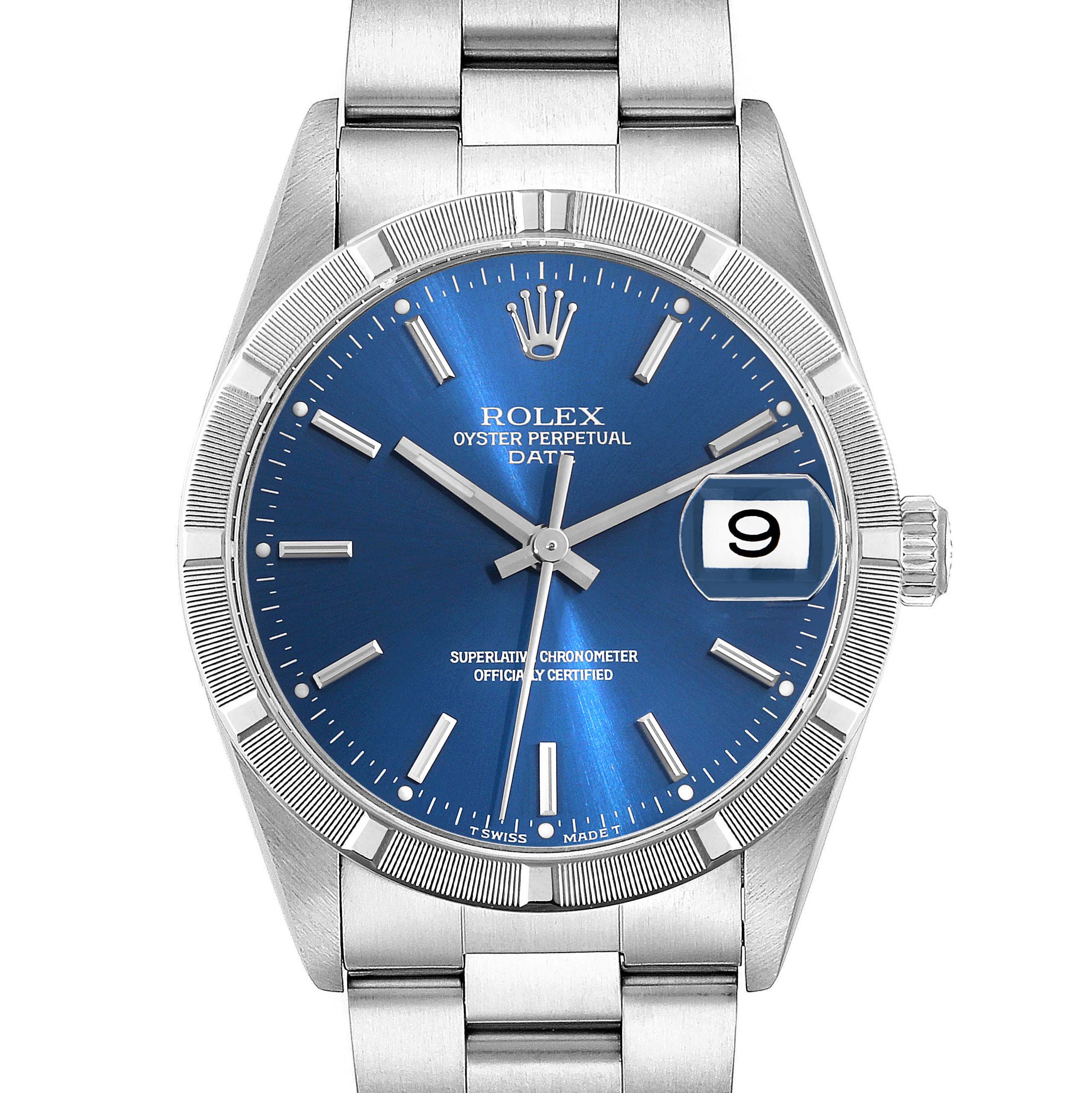The image shows the front view of a Rolex Date 15210 Men's Stainless Steel Blue Dial 15210 Men's Stainless Steel Blue Dial model watch, highlighting its blue dial, date window, and stainless steel bracelet.