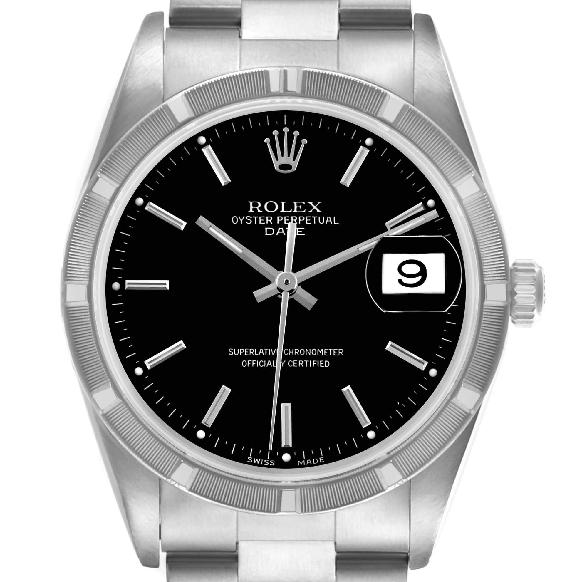 The image shows a front view of a Rolex Date 15210 Men's Stainless Steel Black Dial 15210 Men's Stainless Steel Black Dial model watch, highlighting the dial, hands, crown, and bracelet.