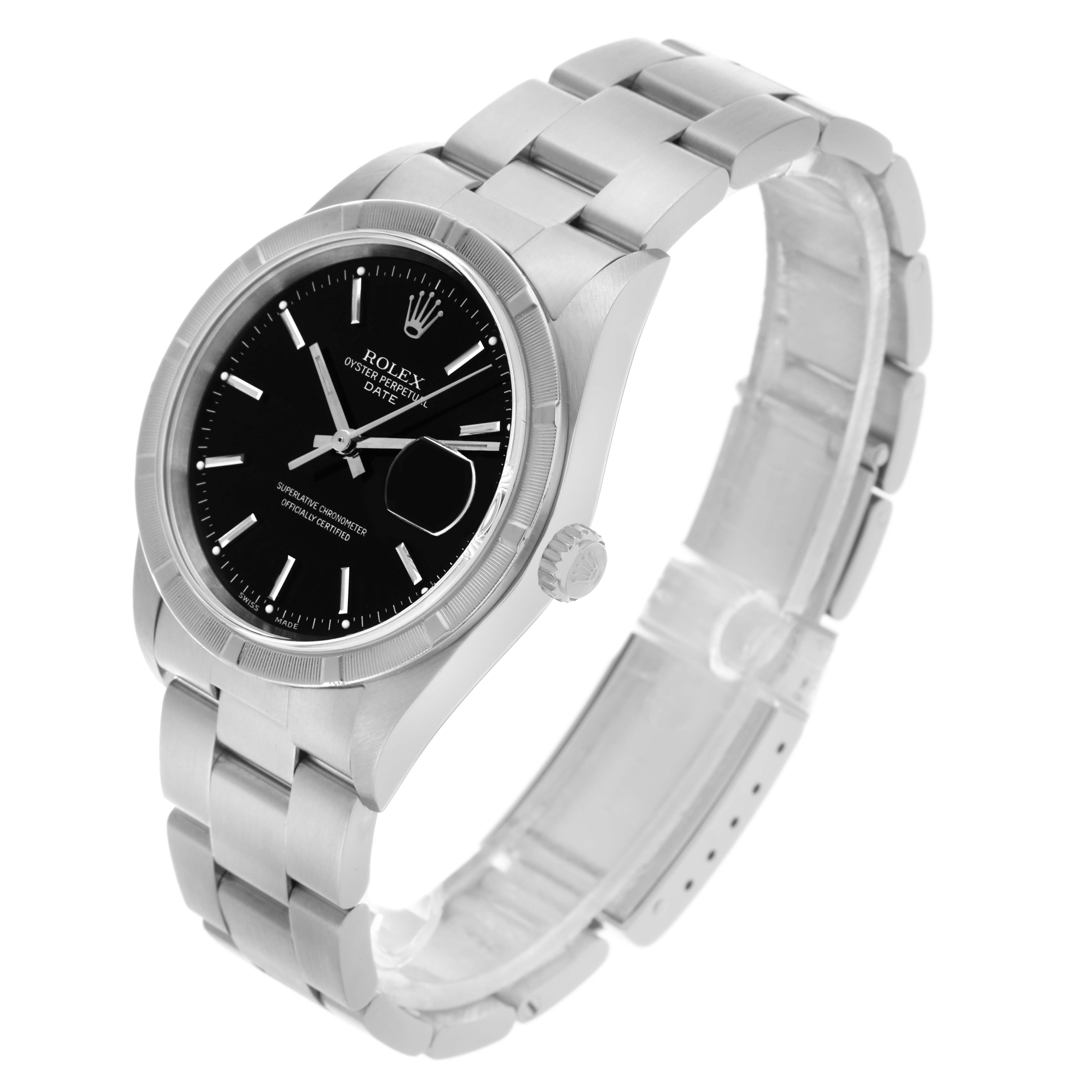 The Rolex Date 15210 Men's Stainless Steel Black Dial 15210 Men's Stainless Steel Black Dial watch is shown at a three-quarter angle, highlighting the black dial, fluted bezel, and stainless steel bracelet.