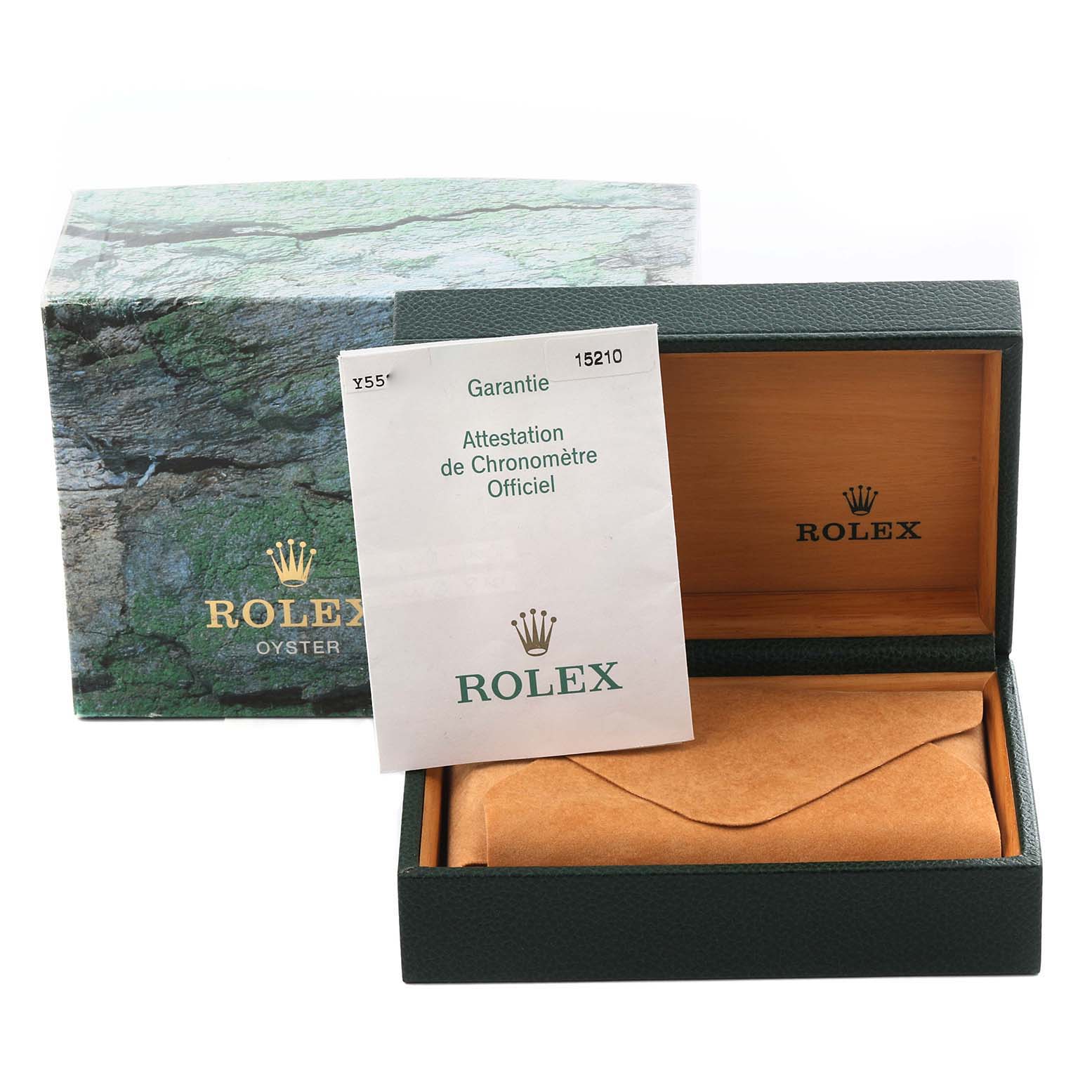 The image shows a Rolex Date 15210 Men's Stainless Steel Black Dial 15210 Men's Stainless Steel Black Dial model's green box, outer packaging, and warranty card.