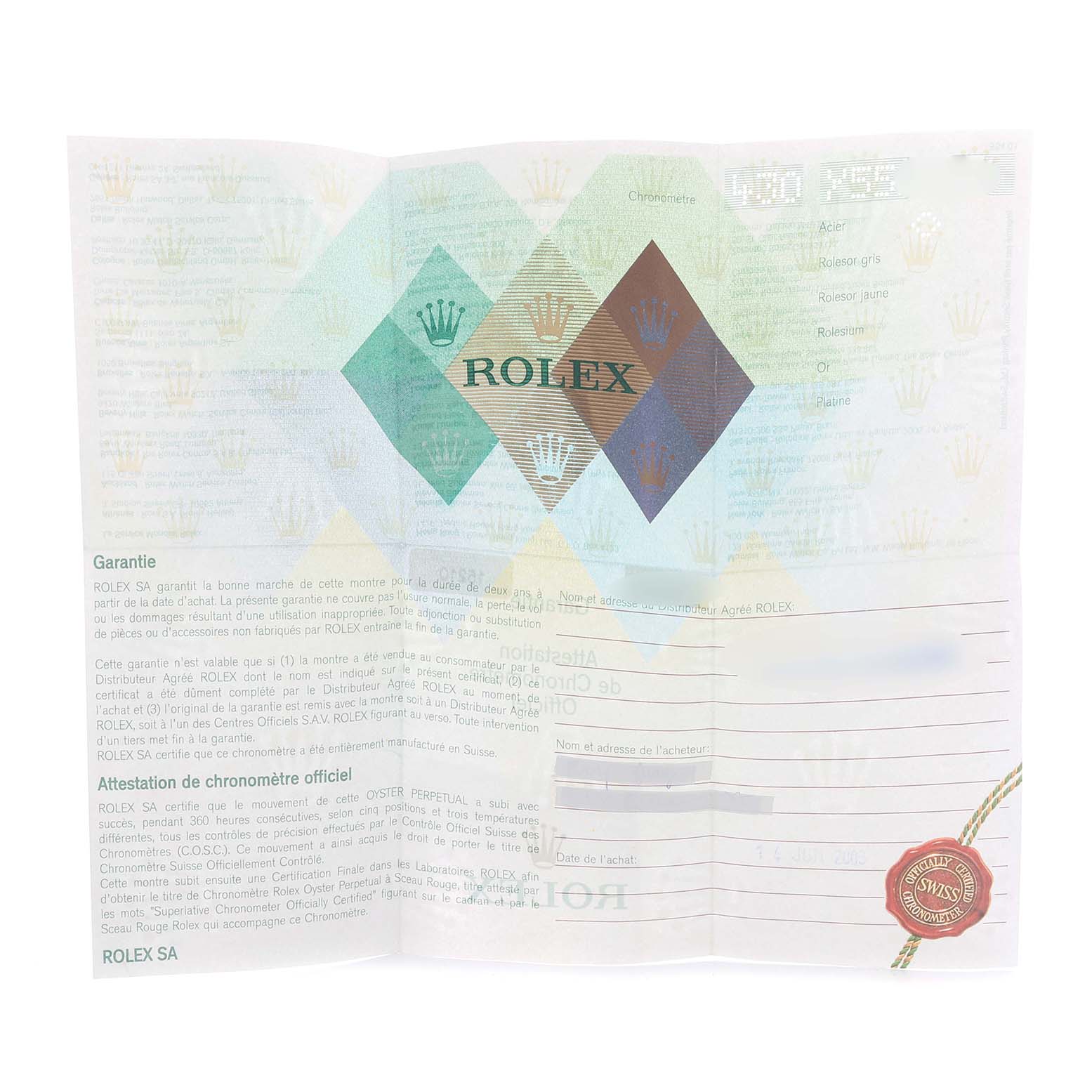 This shows the warranty certificate for a Rolex Date 15210 Men's Stainless Steel Black Dial 15210 Men's Stainless Steel Black Dial model, with the logo and a red seal visible.