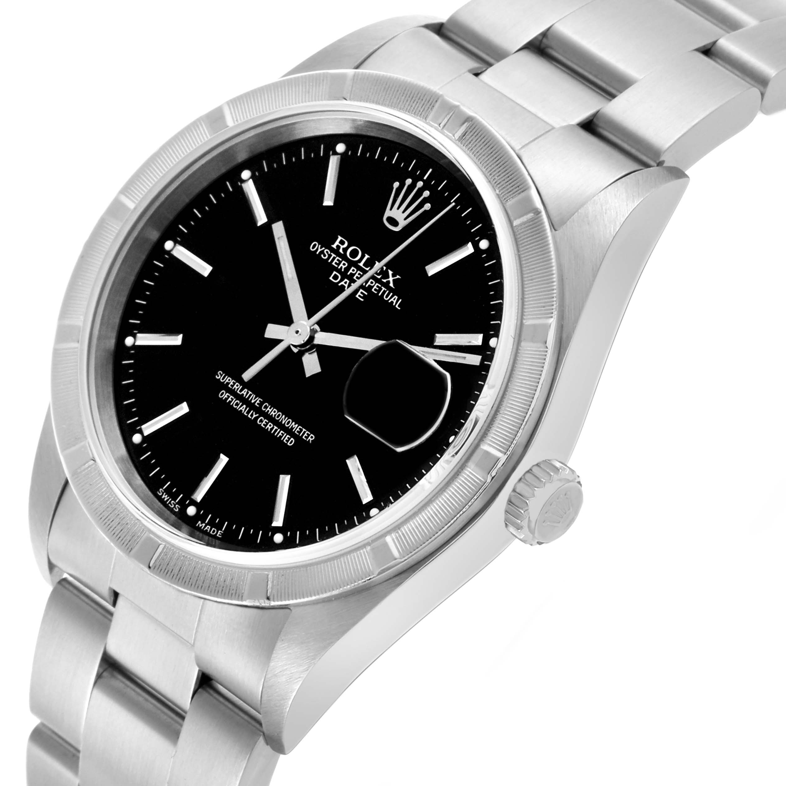 The Rolex Date 15210 Men's Stainless Steel Black Dial 15210 Men's Stainless Steel Black Dial watch is shown at an angled view, highlighting its dial, bezel, bracelet, and crown.