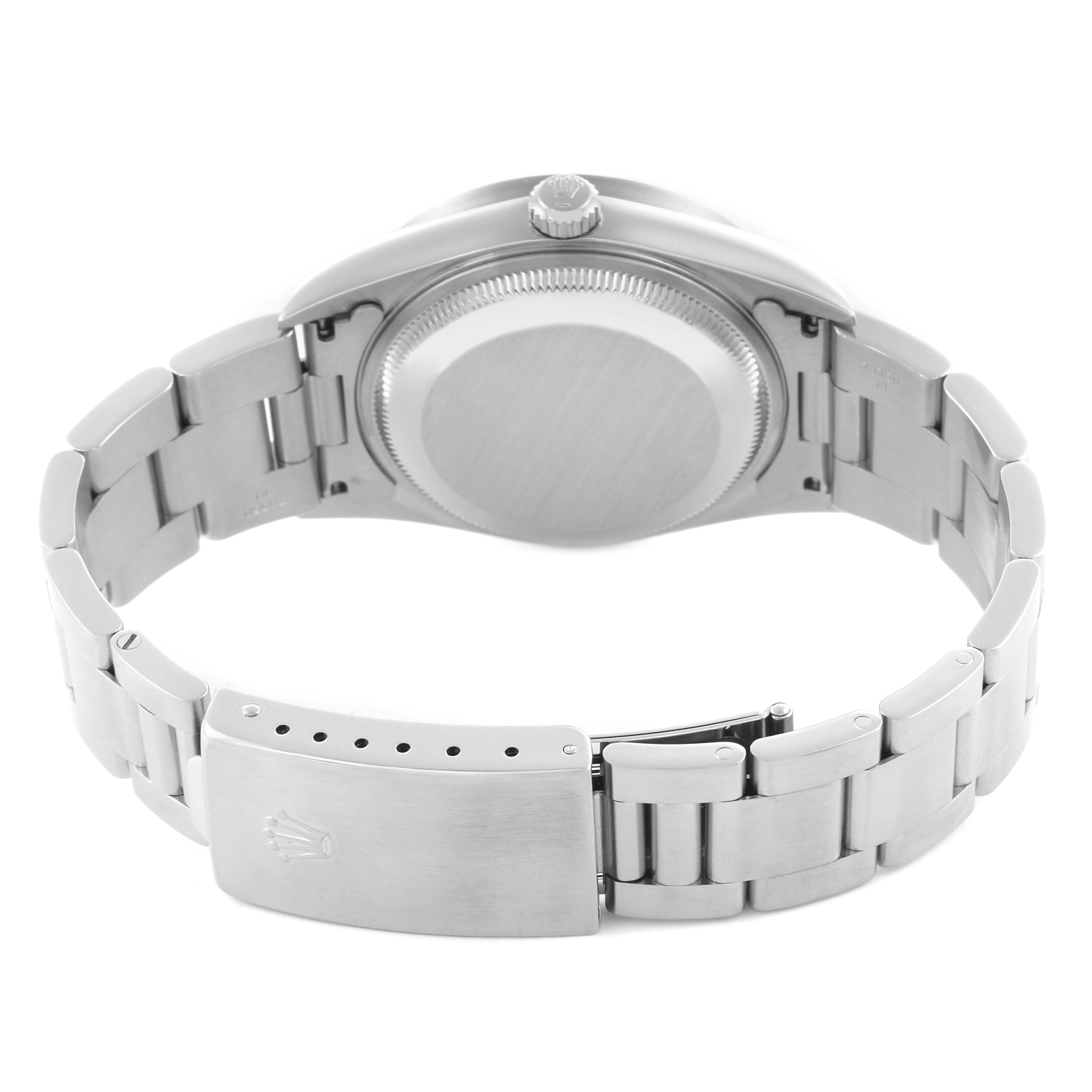 The image shows the back of a Rolex Date 15210 Men's Stainless Steel Black Dial 15210 Men's Stainless Steel Black Dial model watch, highlighting the clasp, bracelet, and case back.