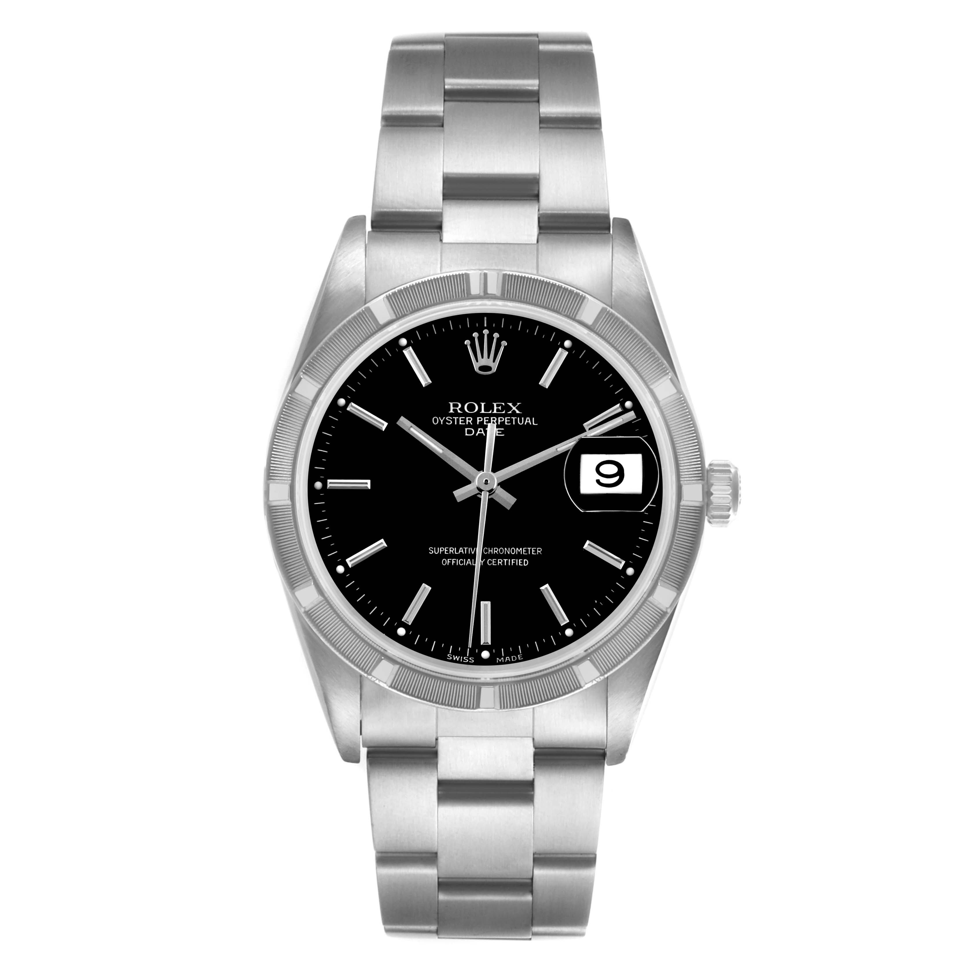 The Rolex Date 15210 Men's Stainless Steel Black Dial 15210 Men's Stainless Steel Black Dial watch is shown from a front angle, displaying the black dial, date window, bezel, case, and bracelet.