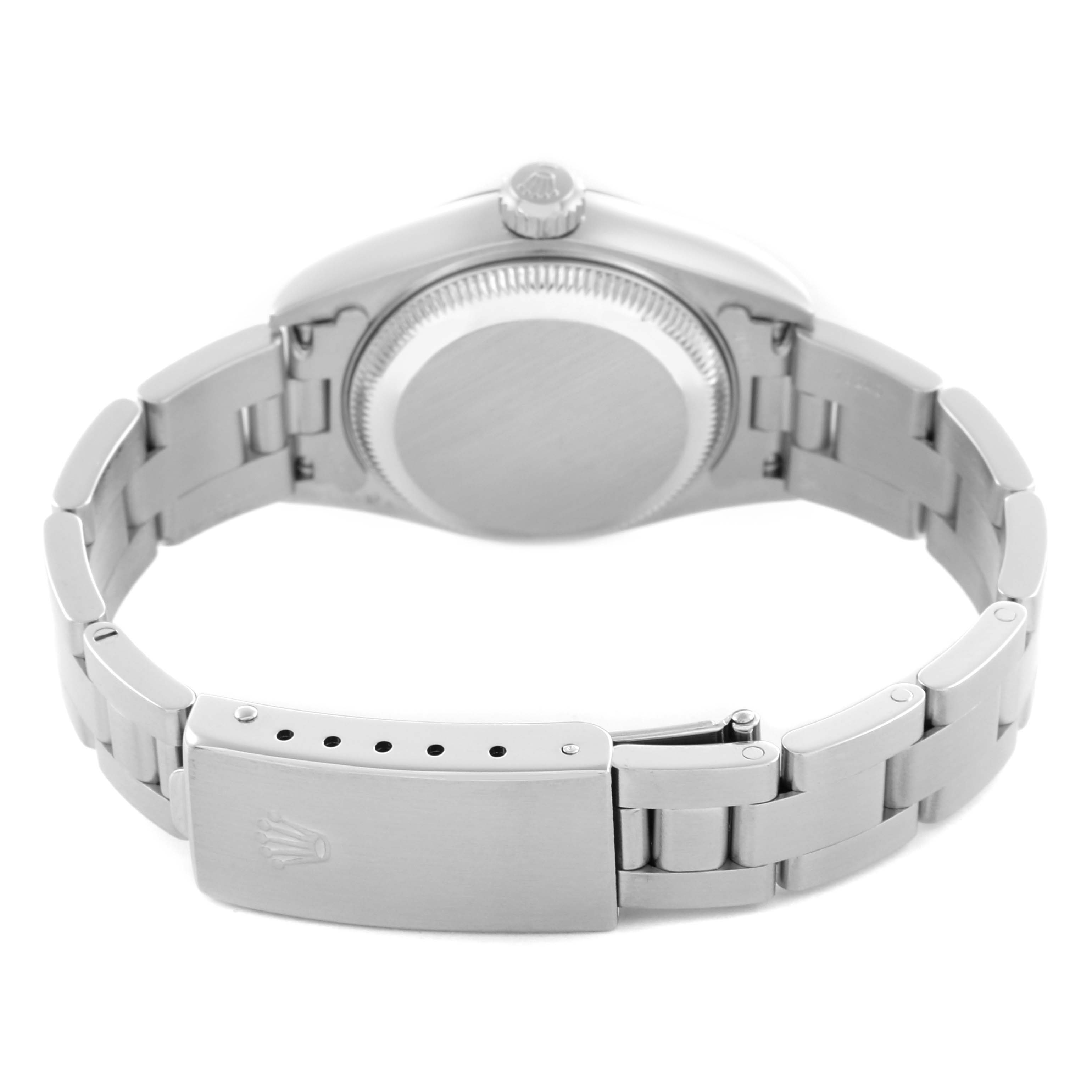 The image shows the back view of a Rolex Date 79190 Women's Stainless Steel Pink Dial 79190 Women's Stainless Steel Pink Dial watch, highlighting its case, crown, and clasp on the bracelet.