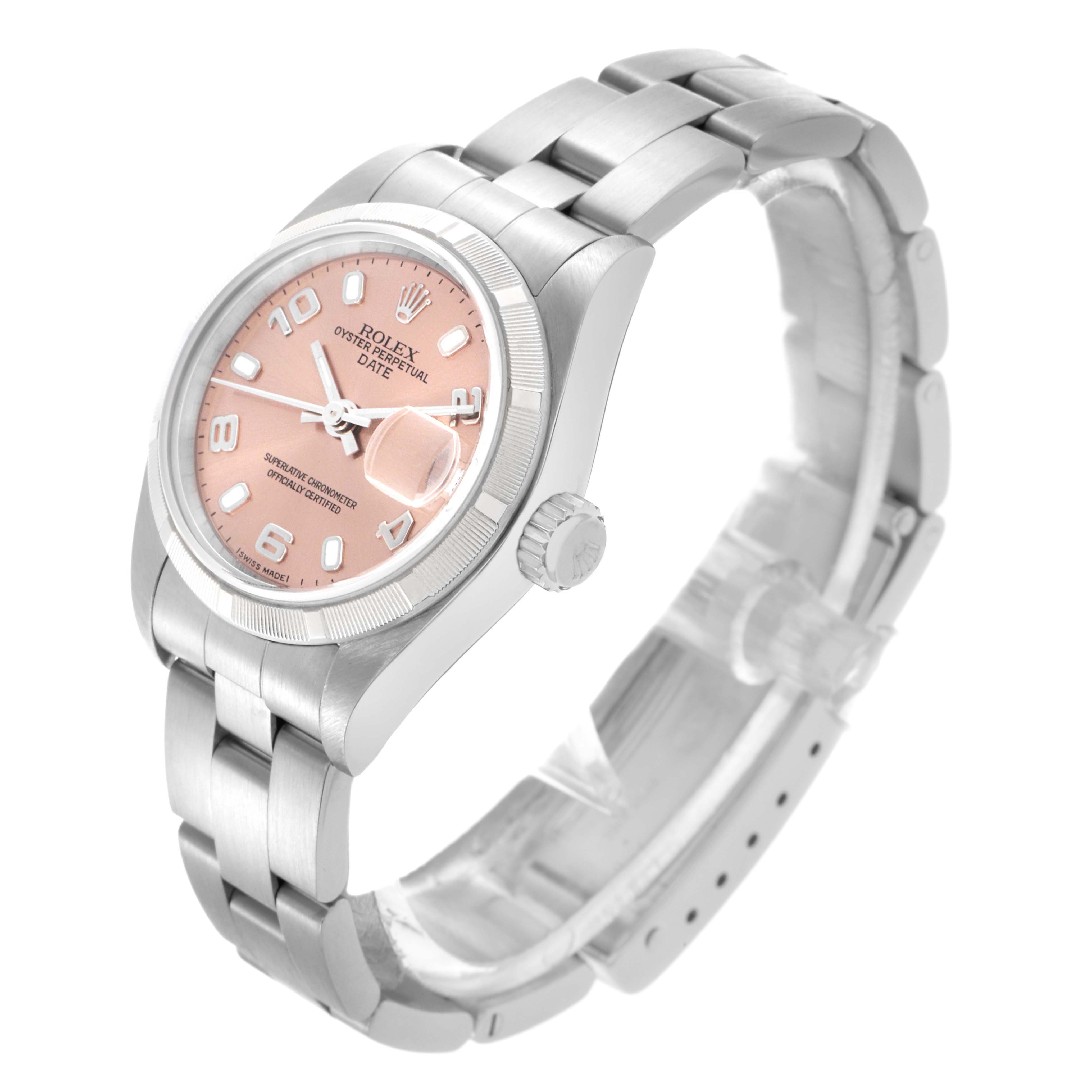The Rolex Date 79190 Women's Stainless Steel Pink Dial 79190 Women's Stainless Steel Pink Dial watch is shown at a three-quarter angle, highlighting the face, case, bracelet, and crown.