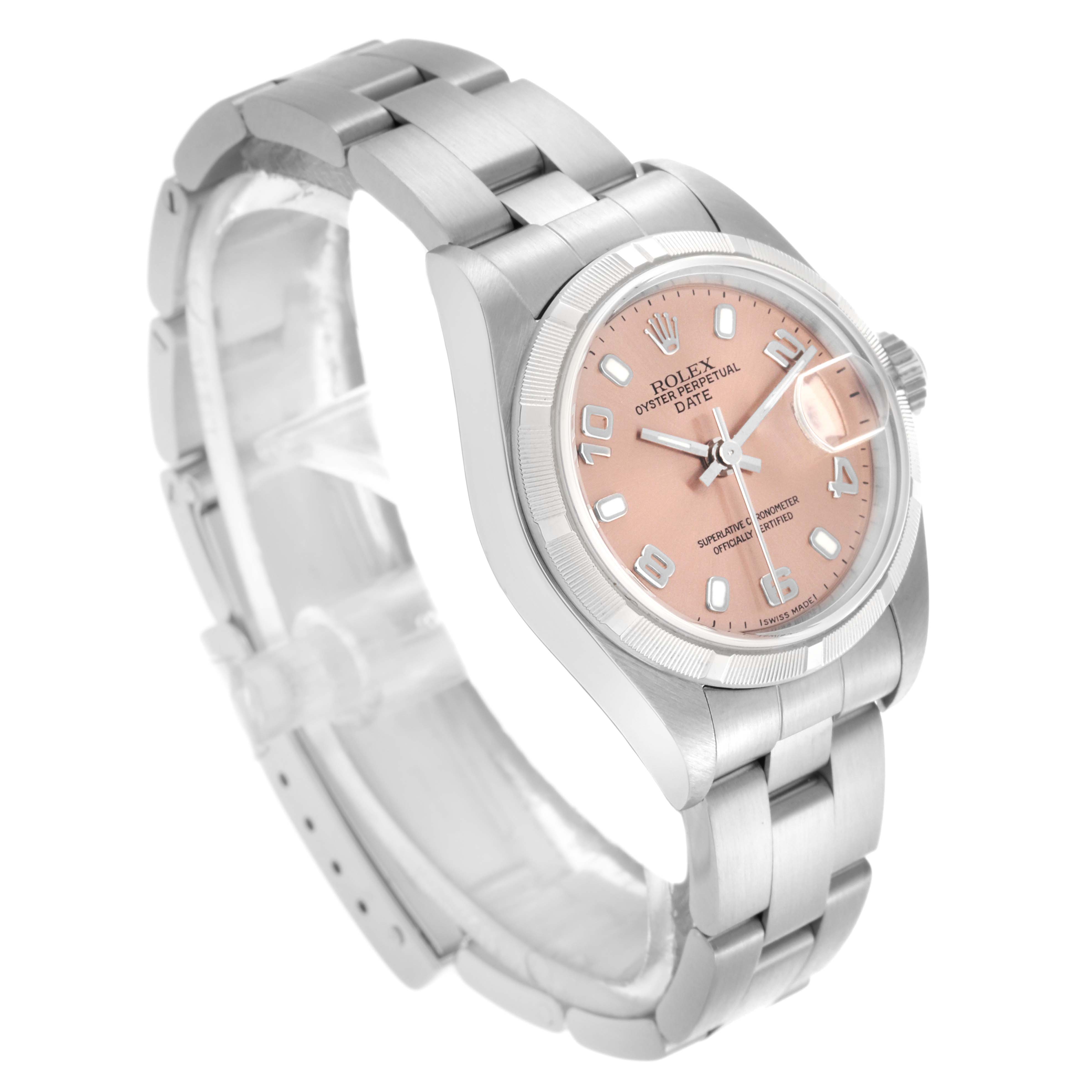 The Rolex Date 79190 Women's Stainless Steel Pink Dial 79190 Women's Stainless Steel Pink Dial watch is shown at a three-quarter angle, highlighting the dial, bezel, case, and bracelet.