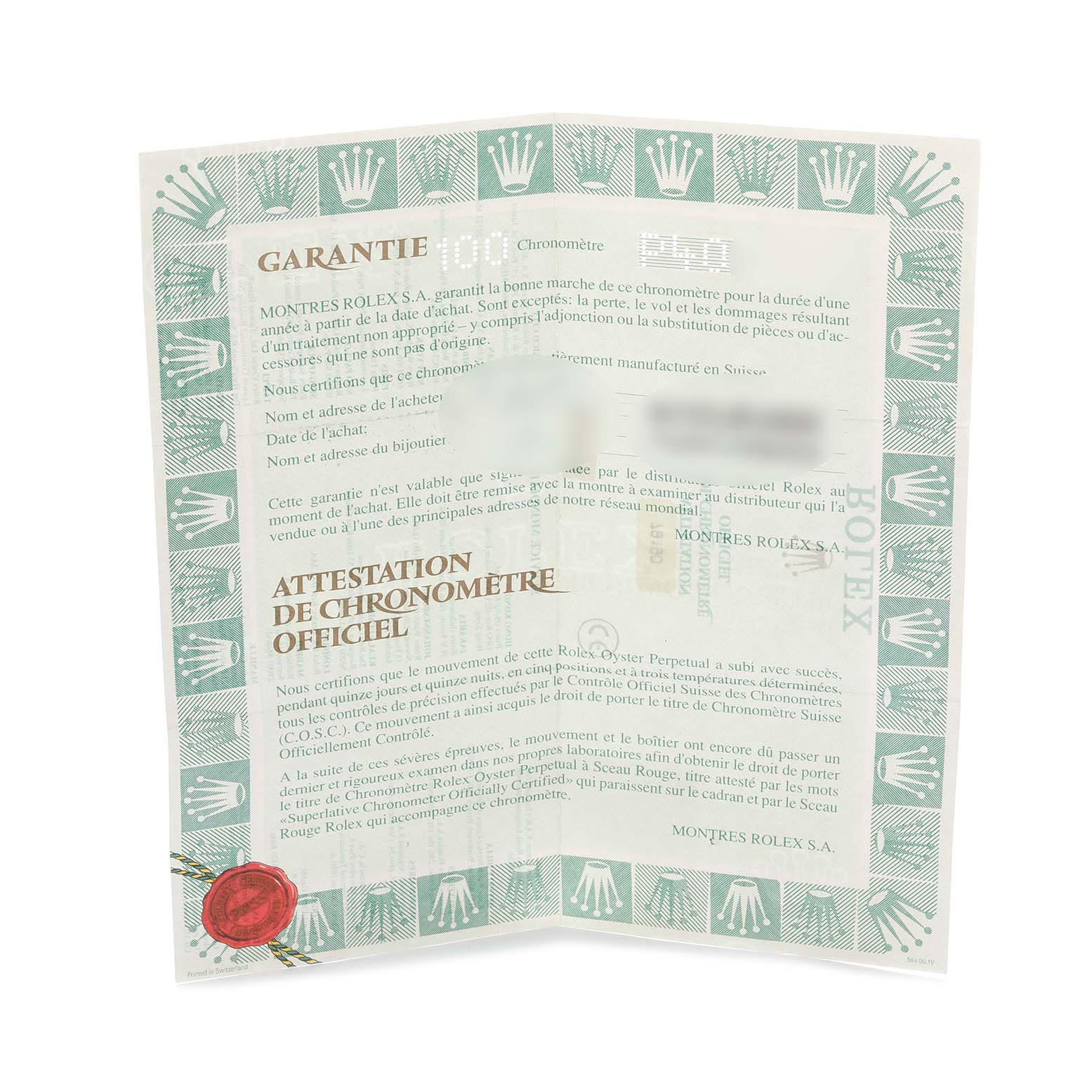 The image shows a Rolex Date 79190 Women's Stainless Steel Pink Dial 79190 Women's Stainless Steel Pink Dial model warranty certificate with branding and official details.