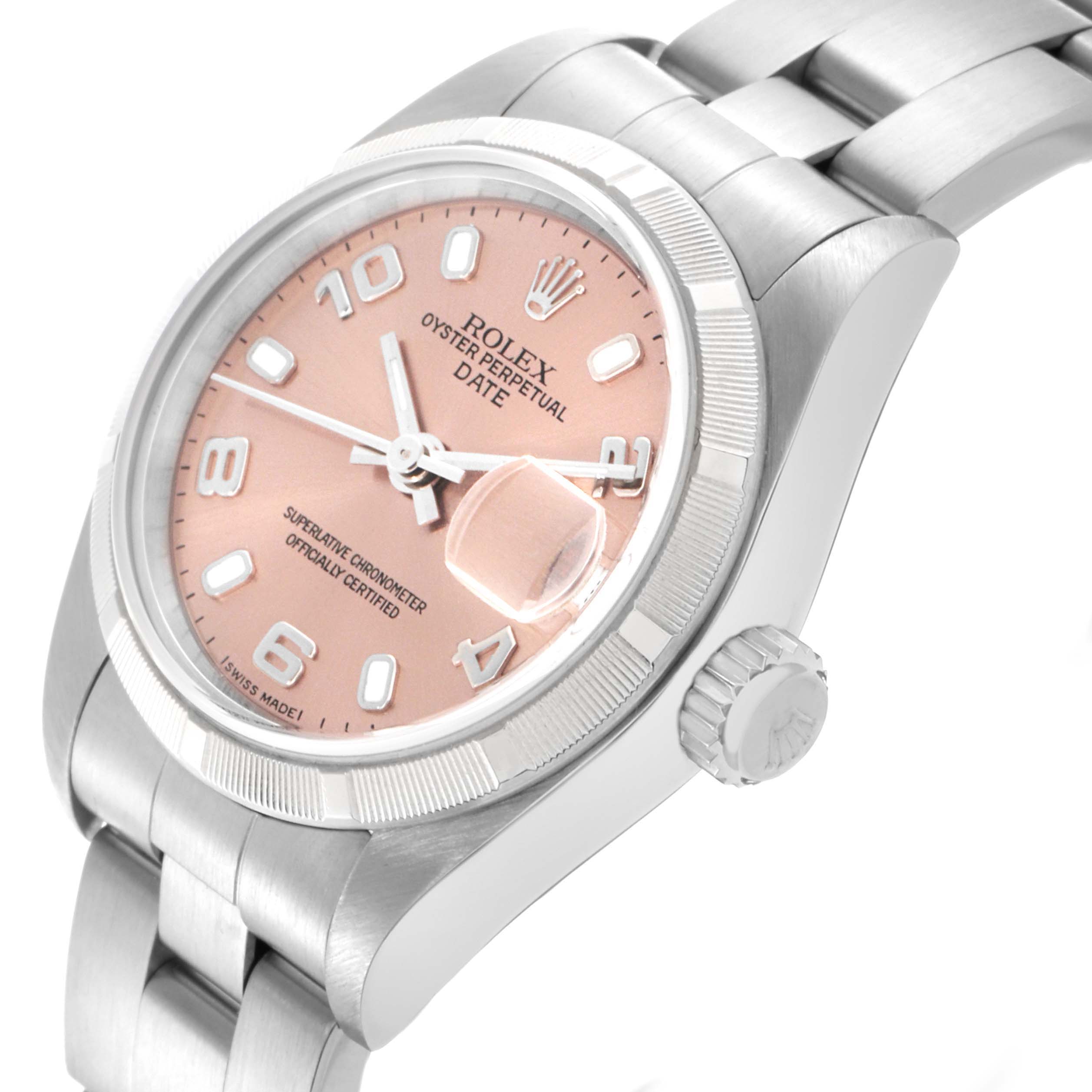 The image shows a Rolex Date 79190 Women's Stainless Steel Pink Dial 79190 Women's Stainless Steel Pink Dial model watch from a high-angle view, highlighting the dial, bezel, crown, and bracelet.