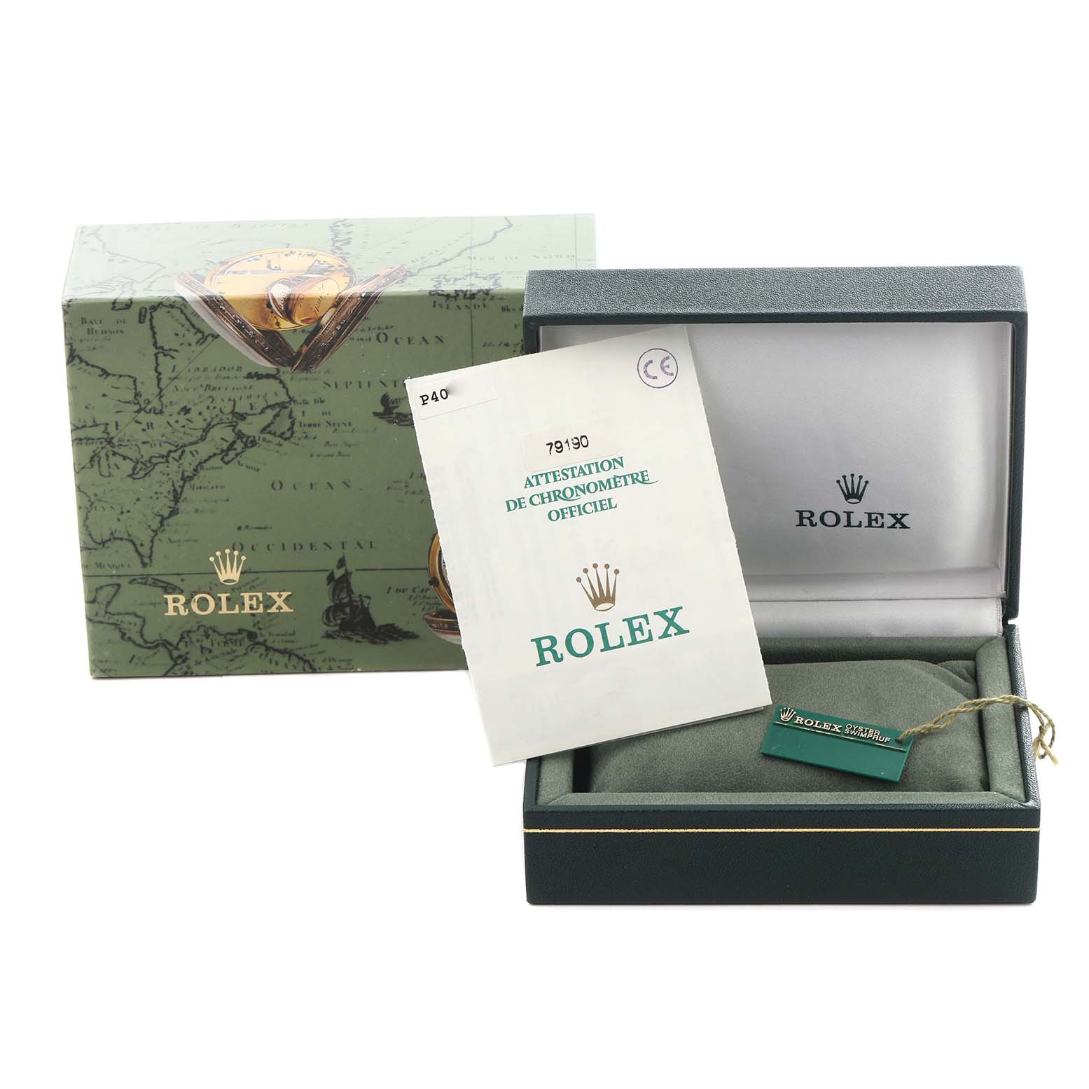 The image shows a Rolex Date 79190 Women's Stainless Steel Pink Dial 79190 Women's Stainless Steel Pink Dial watch box and certification card, viewed from the front.
