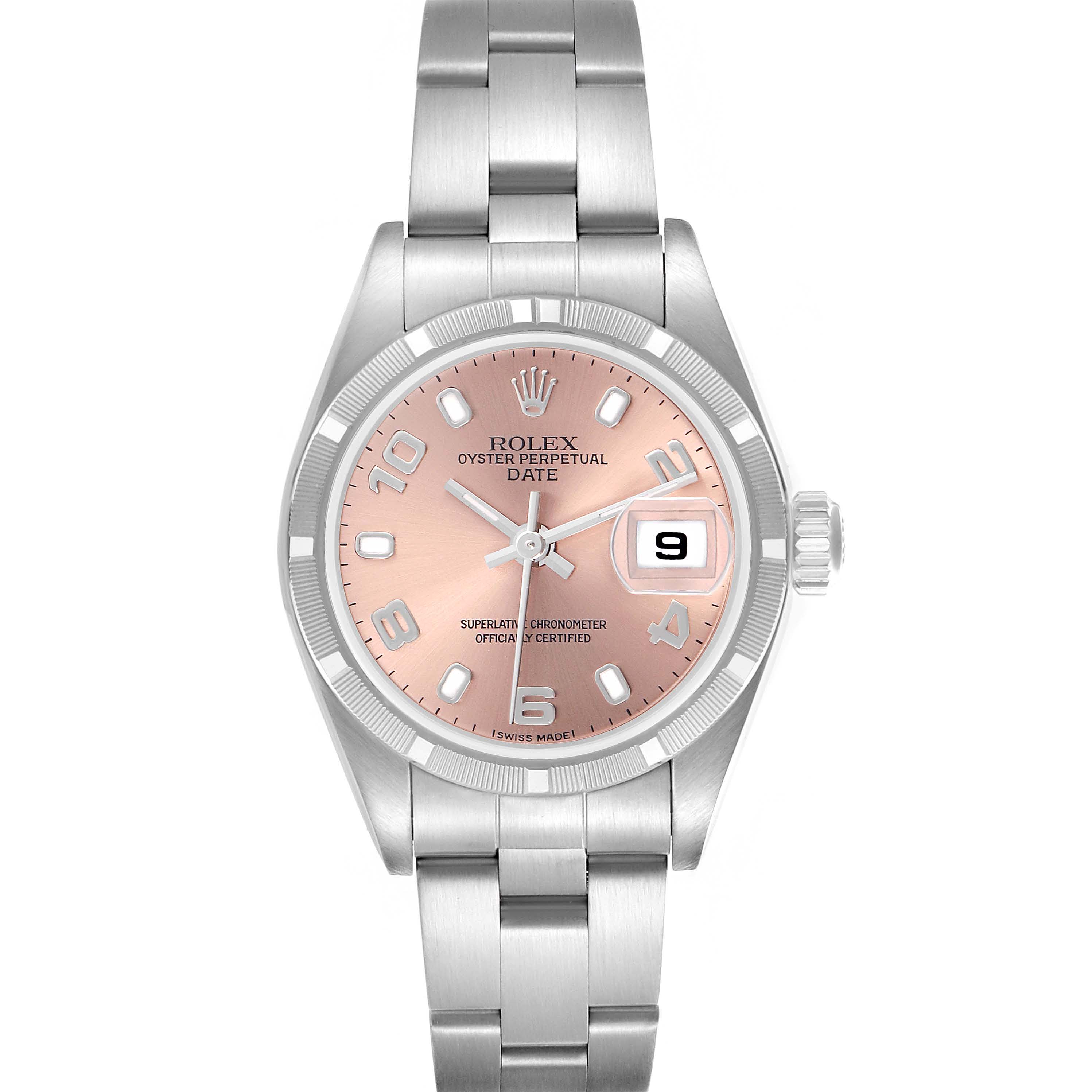 The Rolex Date 79190 Women's Stainless Steel Pink Dial 79190 Women's Stainless Steel Pink Dial watch is shown from the front, displaying the dial, bezel, crown, bracelet, and date window.