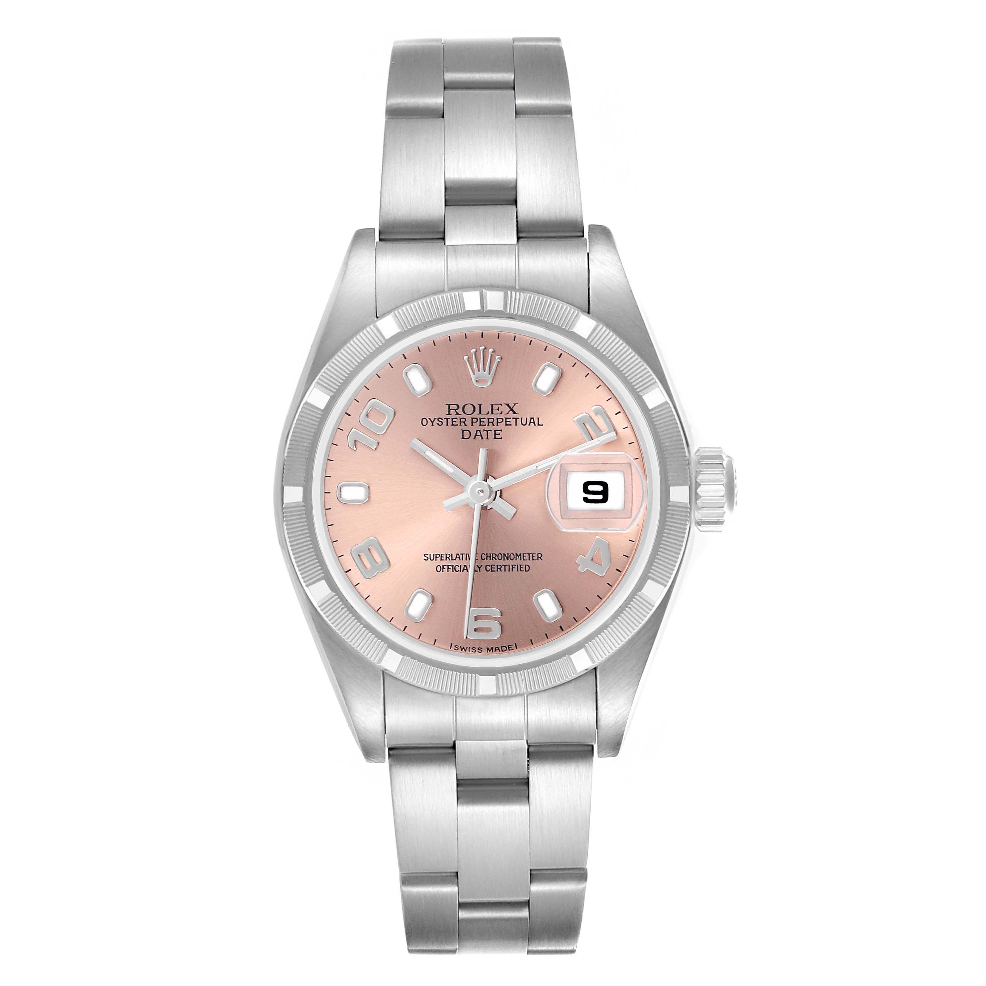 The Rolex Date 79190 Women's Stainless Steel Pink Dial 79190 Women's Stainless Steel Pink Dial model watch is shown from a front angle, highlighting the dial, bezel, bracelet, and date window.