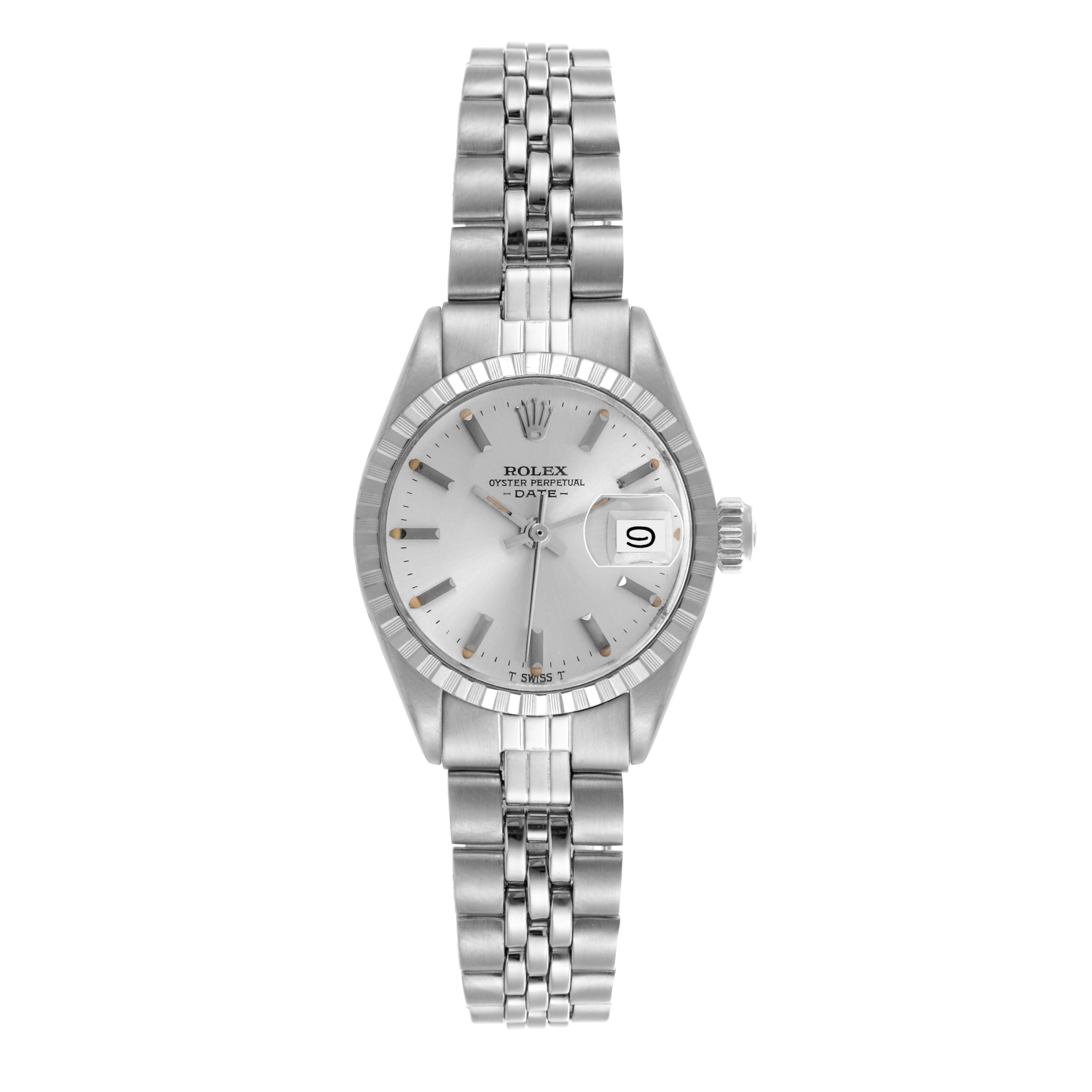 The Rolex Date 6924 Women
s Stainless Steel Silver Dial 6924 Women
s Stainless Steel Silver Dial model is shown from a front angle, displaying the face, bezel, and stainless steel bracelet.