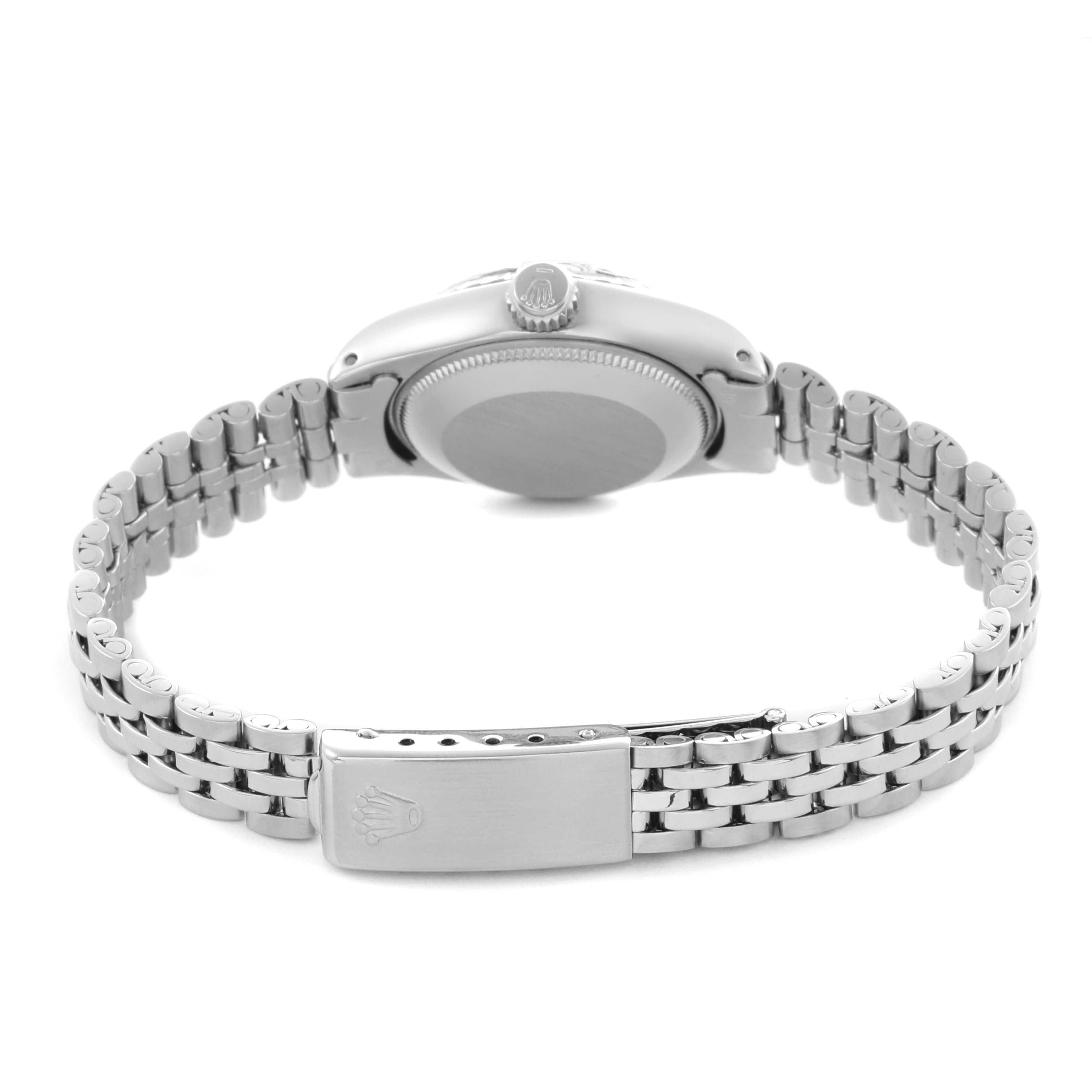 This image shows the back view of a Rolex Date 6924 Women
s Stainless Steel Silver Dial 6924 Women
s Stainless Steel Silver Dial model watch featuring the case back, crown, and Jubilee bracelet.