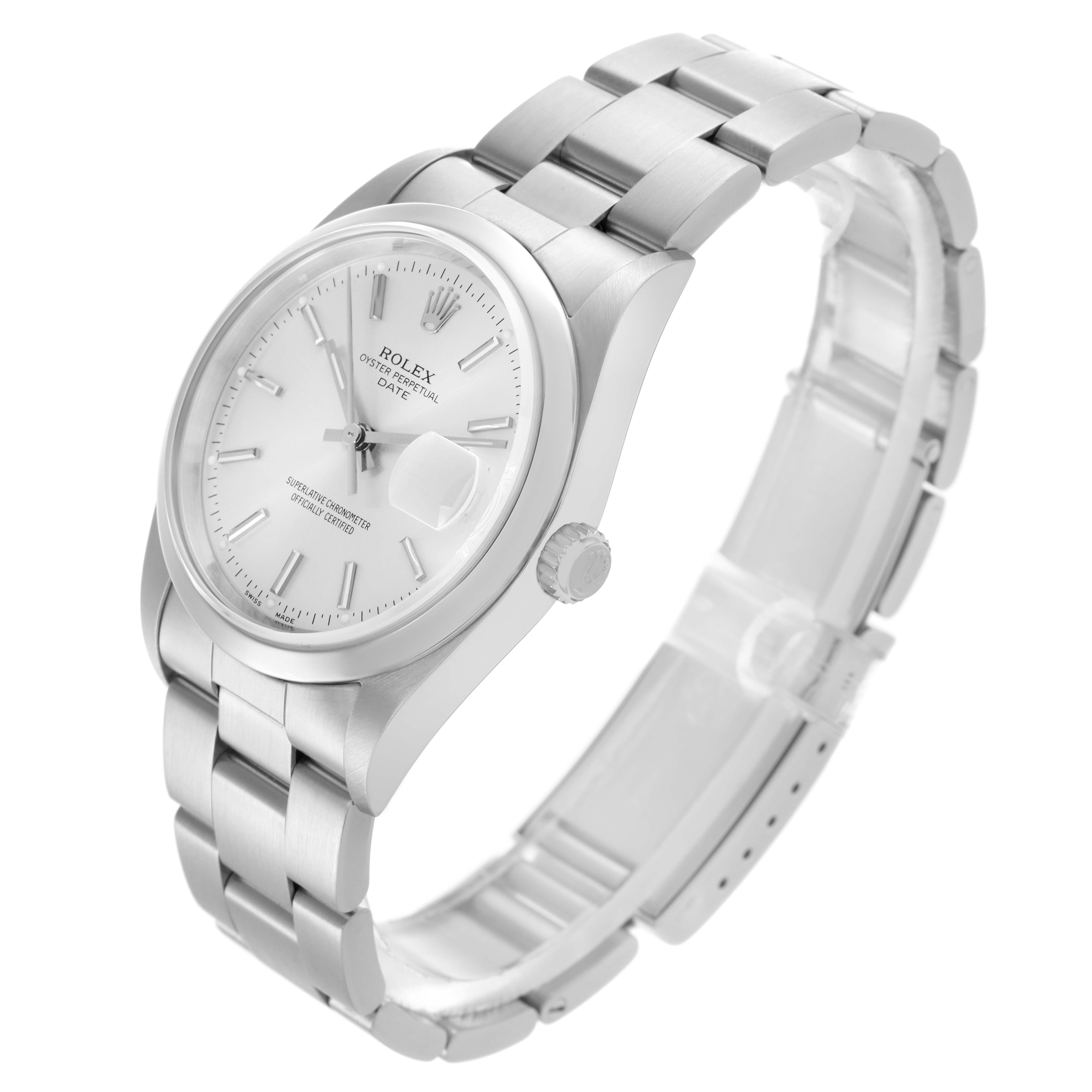 The Rolex Date 15200 Men's Stainless Steel Silver Dial 15200 Men's Stainless Steel Silver Dial model watch is shown at an angled side view, displaying the face, bezel, crown, and part of the bracelet.