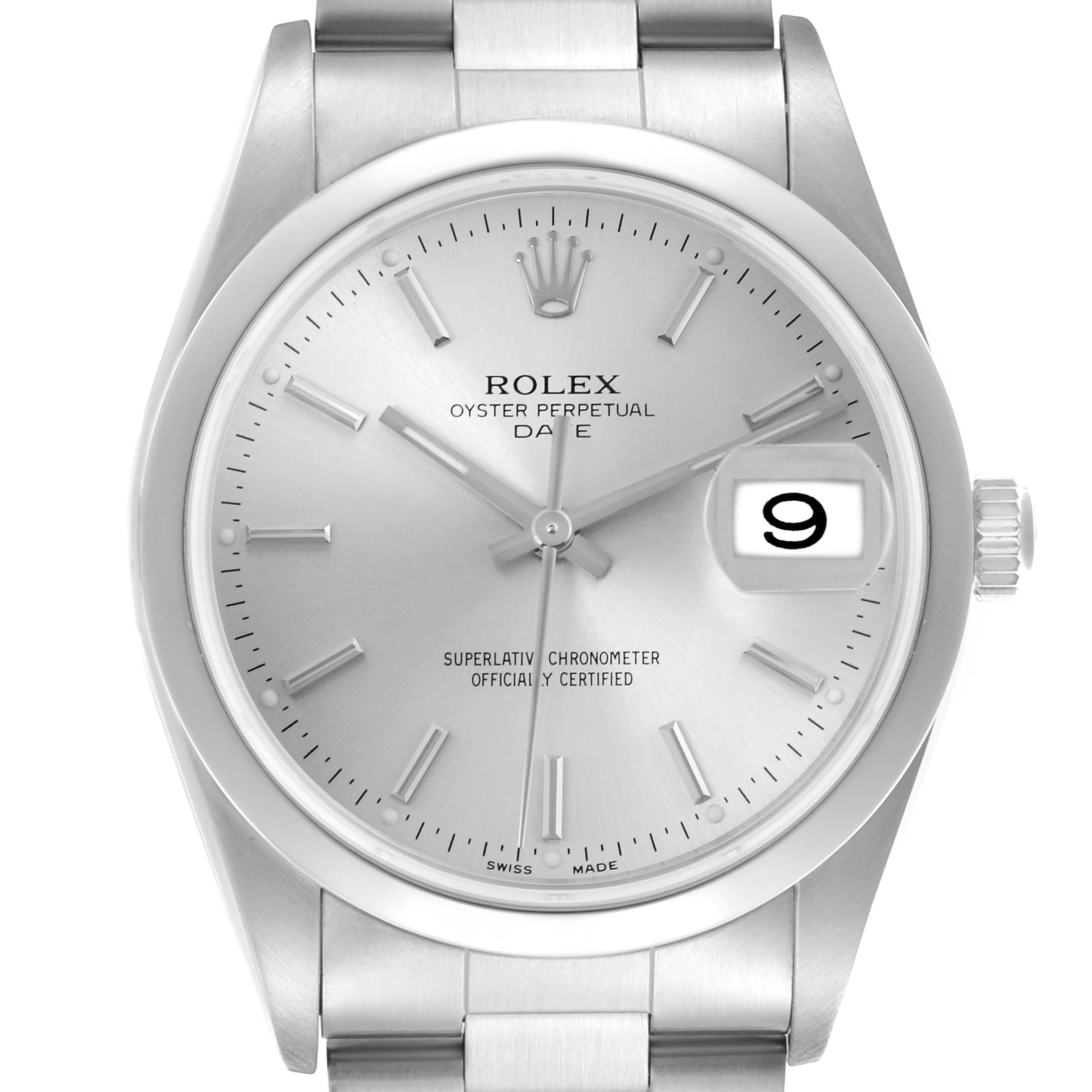 The Rolex Date 15200 Men's Stainless Steel Silver Dial 15200 Men's Stainless Steel Silver Dial watch is shown from the front, displaying the dial, hands, markers, date window, and part of the bracelet.