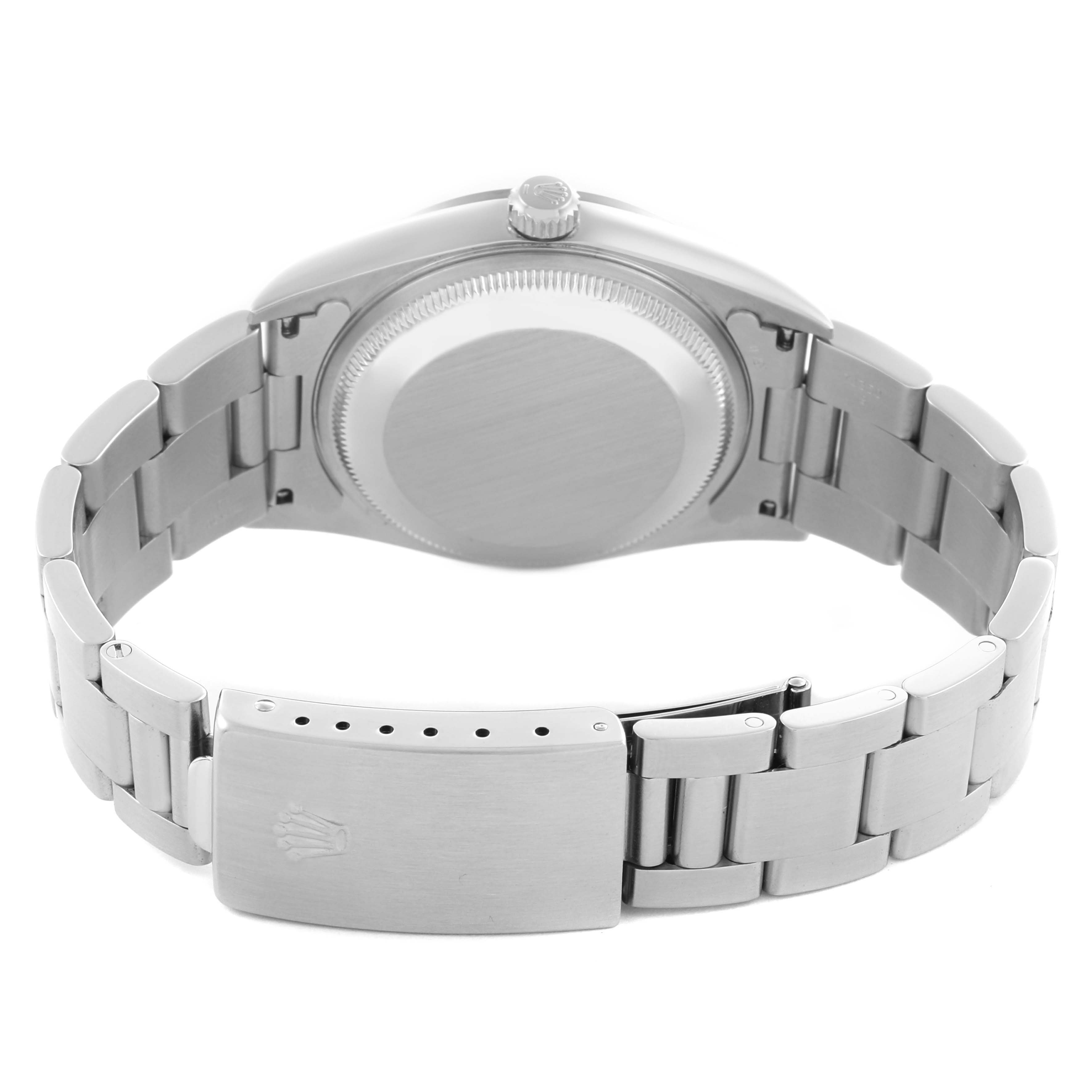 The image shows the back view of a Rolex Date 15200 Men's Stainless Steel Silver Dial 15200 Men's Stainless Steel Silver Dial model, highlighting the case back, crown, and bracelet with the clasp open.