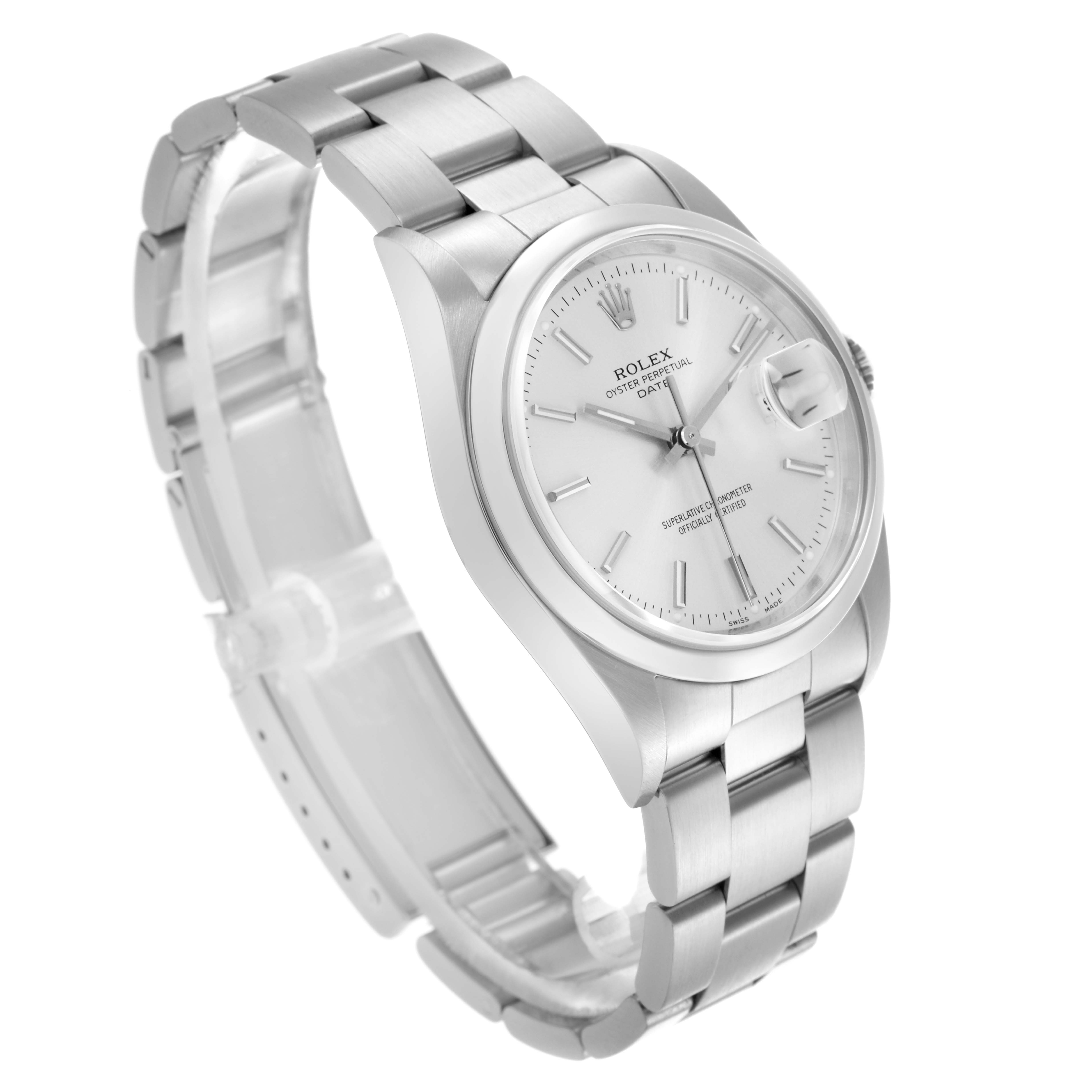 The Rolex Date 15200 Men's Stainless Steel Silver Dial 15200 Men's Stainless Steel Silver Dial watch is shown at an angled side view, displaying the dial, bezel, case, and part of the bracelet.