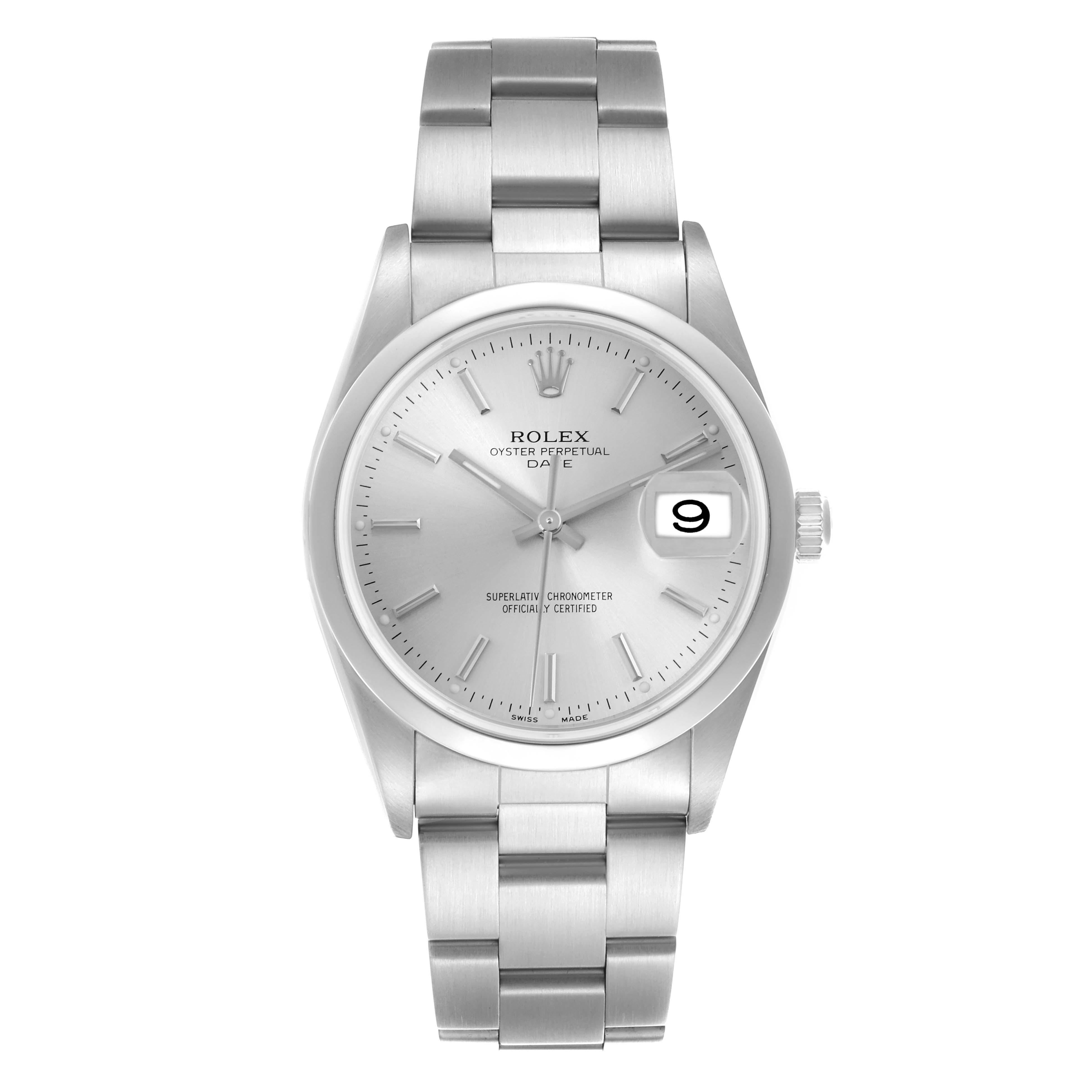 The Rolex Date 15200 Men's Stainless Steel Silver Dial 15200 Men's Stainless Steel Silver Dial model is shown from the front, displaying the face, bracelet, and date window.