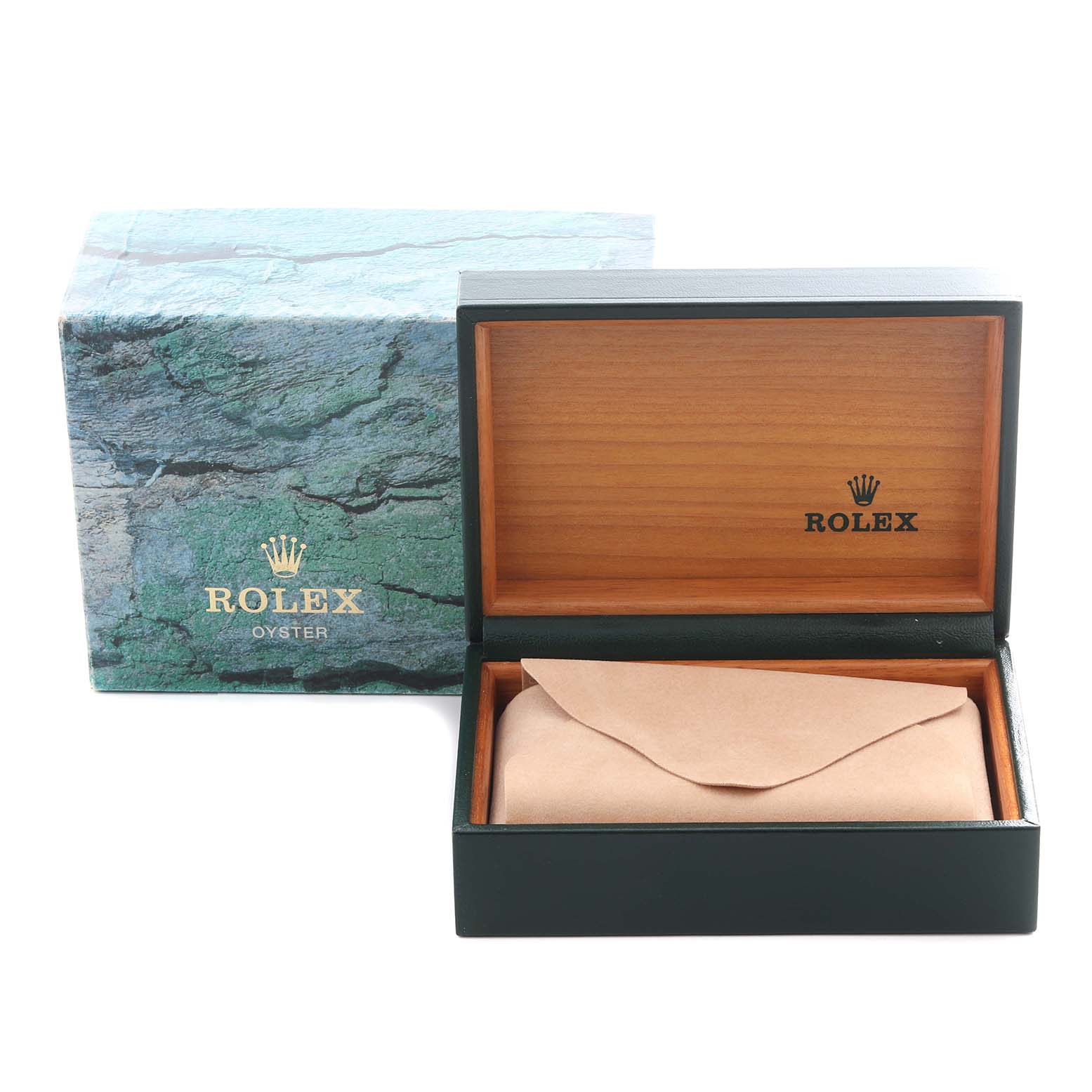 The image shows a Rolex Date 15200 Men's Stainless Steel Silver Dial 15200 Men's Stainless Steel Silver Dial model watch box and outer packaging, angled to display the interior and branding.