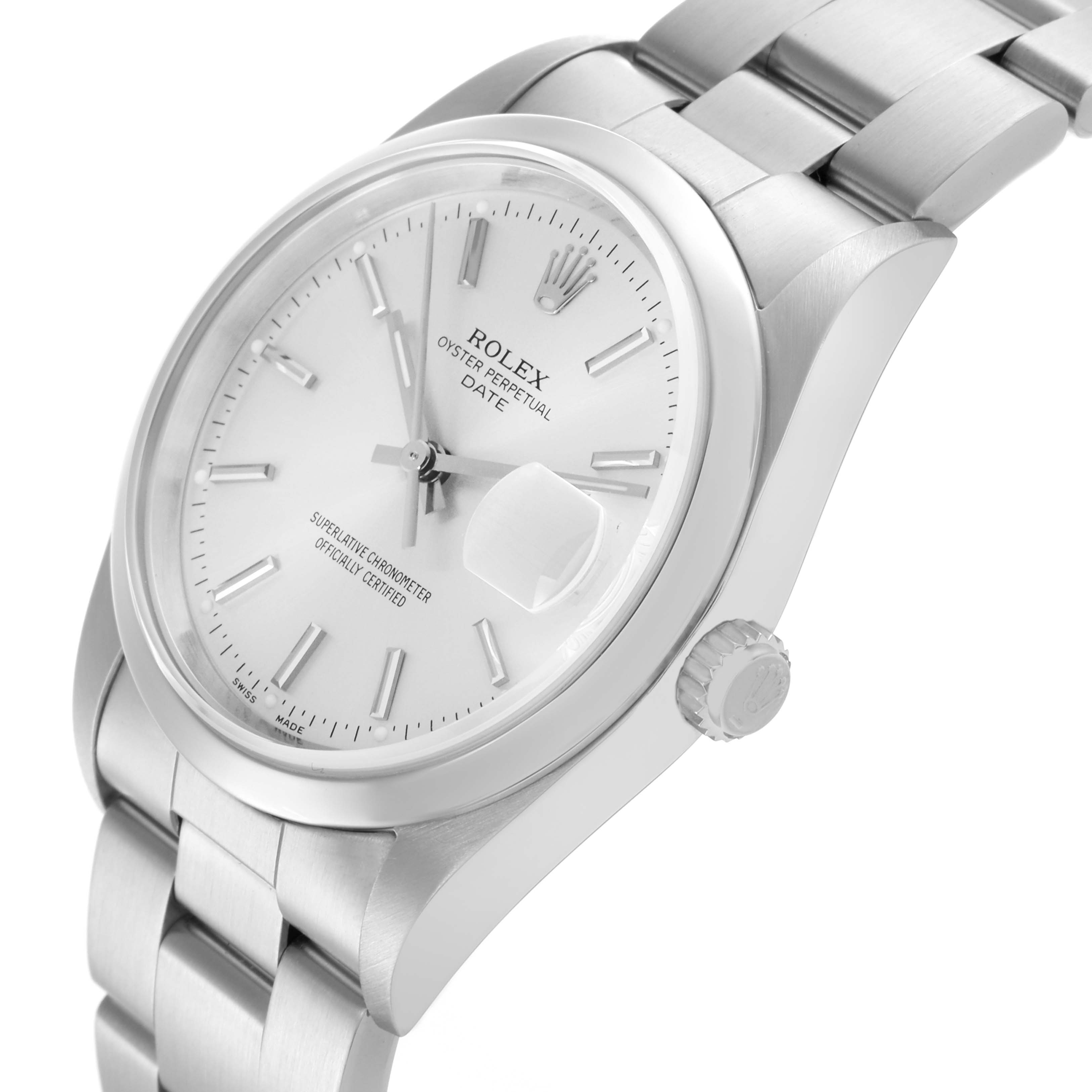 The Rolex Date 15200 Men's Stainless Steel Silver Dial 15200 Men's Stainless Steel Silver Dial watch is shown at a three-quarter angle, highlighting the dial, case, bezel, crown, and bracelet.