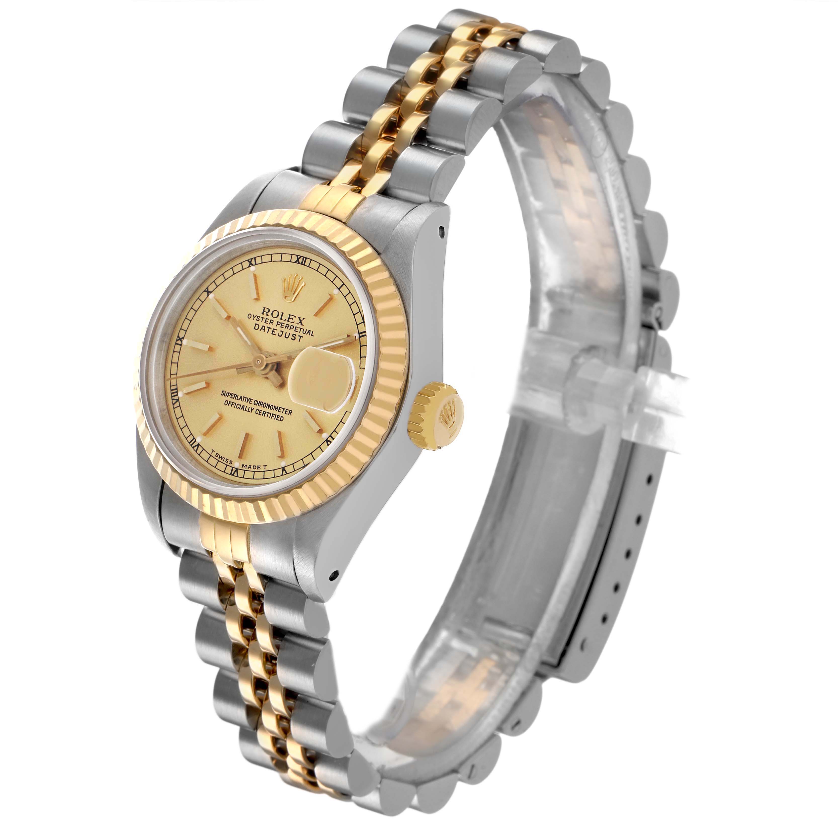 The Rolex Datejust 69173 Women's Steel and Gold (two tone) Champagne Dial watch is shown at a slight angle, highlighting the gold and silver case, bezel, dial, and bracelet.