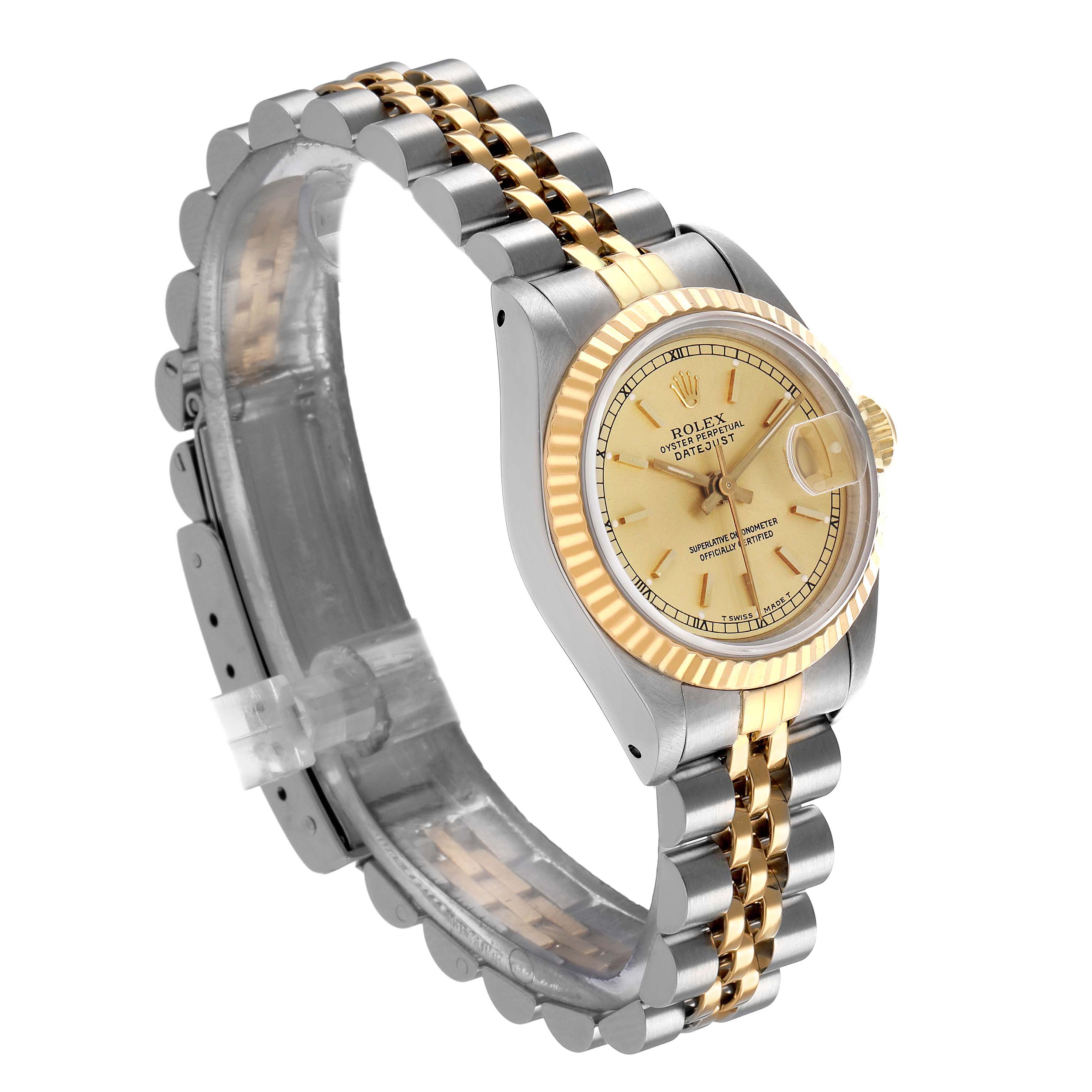 The Rolex Datejust 69173 Women's Steel and Gold (two tone) Champagne Dial watch is shown at a three-quarter angle, highlighting its gold bezel, dial, and two-tone bracelet.