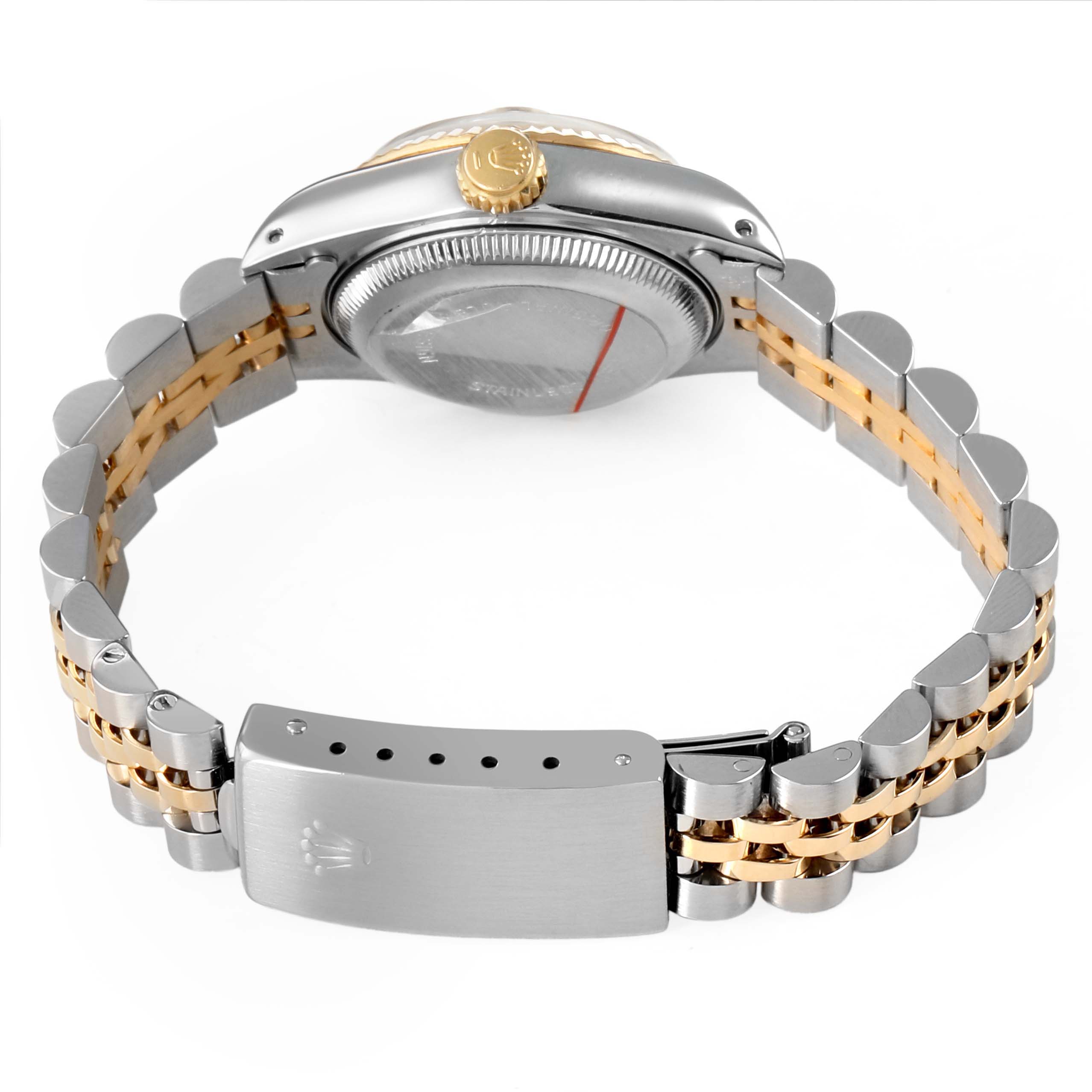 The Rolex Datejust 69173 Women's Steel and Gold (two tone) Champagne Dial is shown from the rear, displaying the side of the case, crown, bracelet, and clasp.