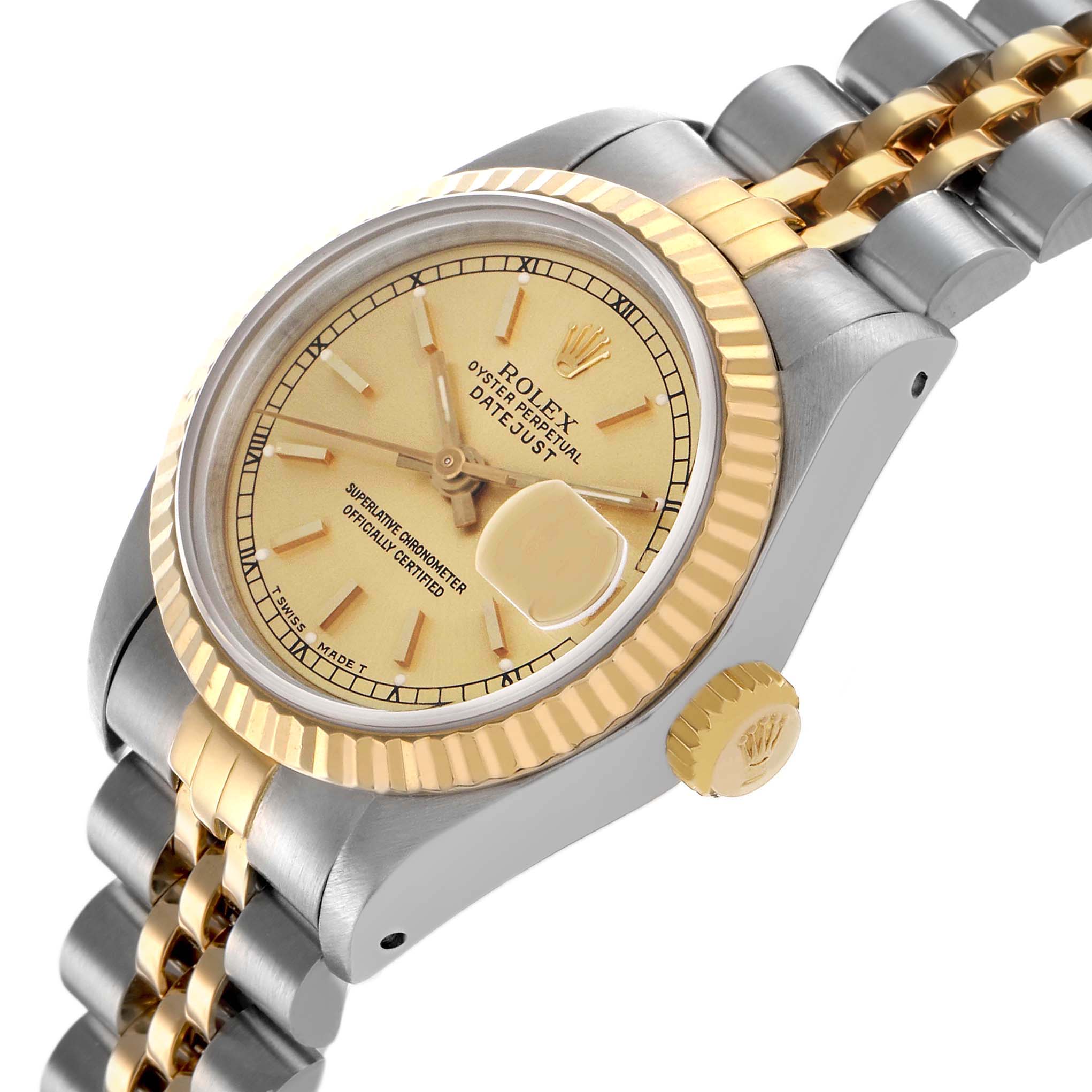 The image shows a Rolex Datejust 69173 Women's Steel and Gold (two tone) Champagne Dial watch at a three-quarter angle, highlighting the gold bezel, crown, and part of the jubilee bracelet.