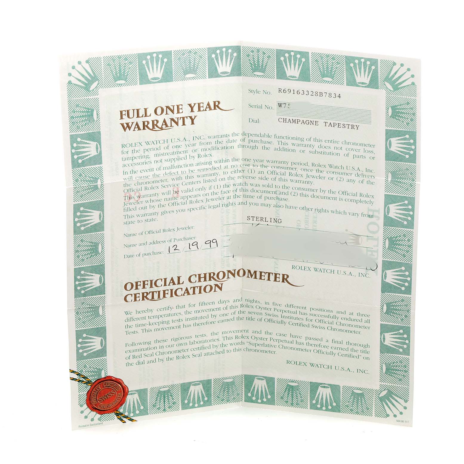 The image shows the warranty and certification documents for a Rolex Datejust 69163 Women's Steel and Gold (two tone) Champagne Dial watch, displayed flat with readable text.