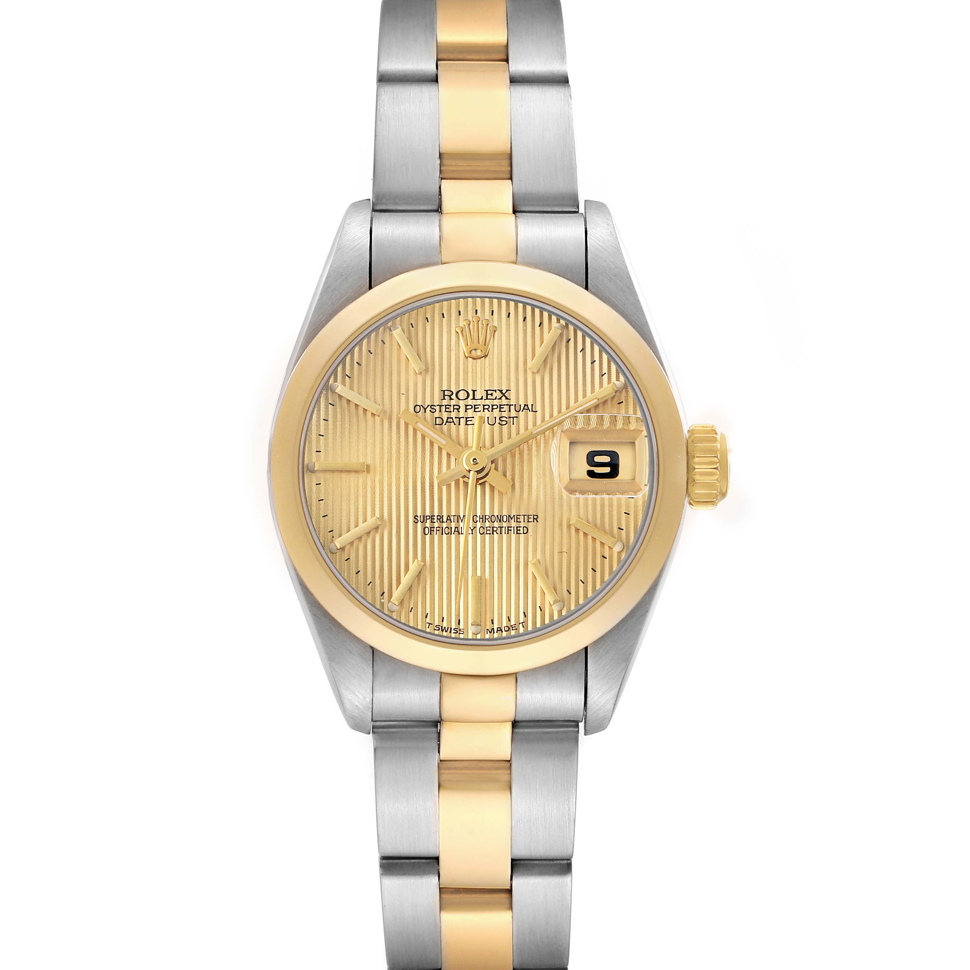 The Rolex Datejust 69163 Women's Steel and Gold (two tone) Champagne Dial watch is shown from the front, displaying the dial, hands, bezel, and bracelet.