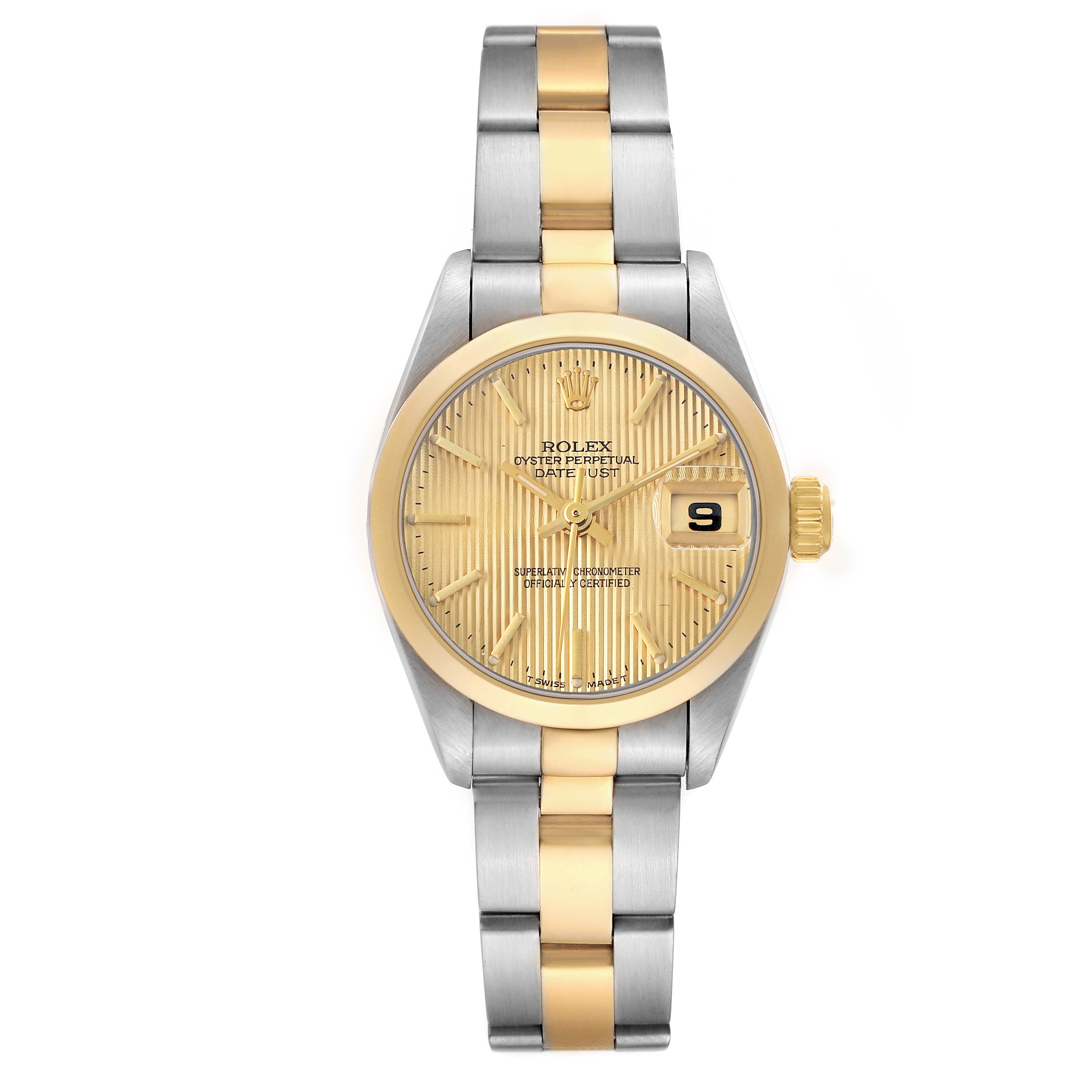 The Rolex Datejust 69163 Women's Steel and Gold (two tone) Champagne Dial watch is shown from a top-down angle, highlighting the face, bracelet, and crown.
