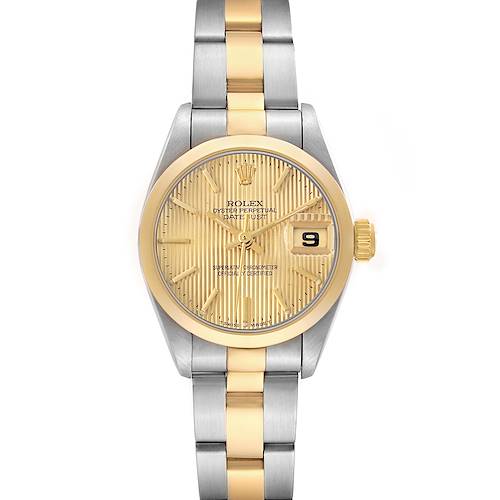 The Rolex Datejust 69163 Women's Steel and Gold (two tone) Champagne Dial watch is shown from a top-down angle, displaying its face, bezel, and two-tone bracelet.