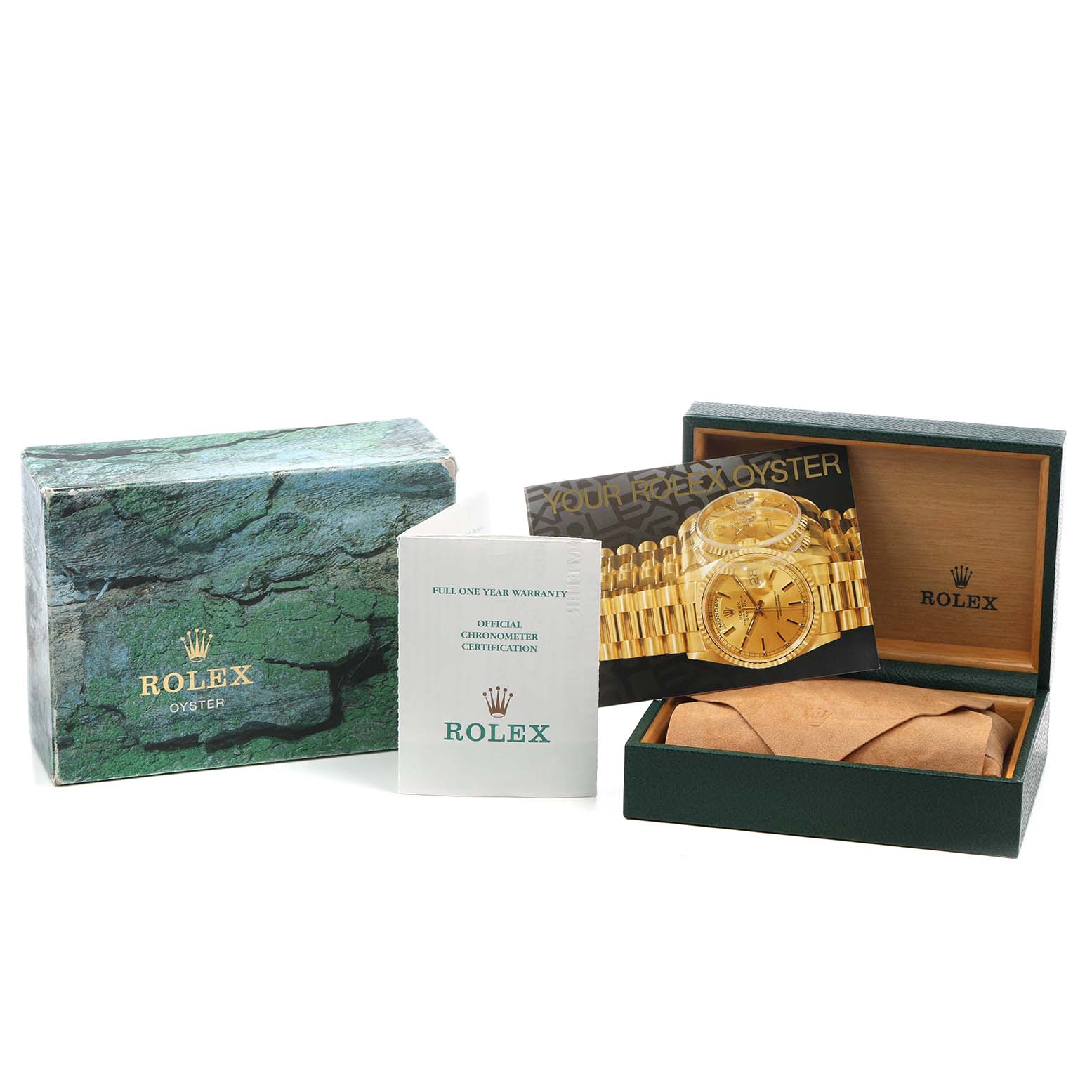 The image shows packaging and accessories for a Rolex Datejust 69163 Women's Steel and Gold (two tone) Champagne Dial, including a box, warranty card, and certification booklet.