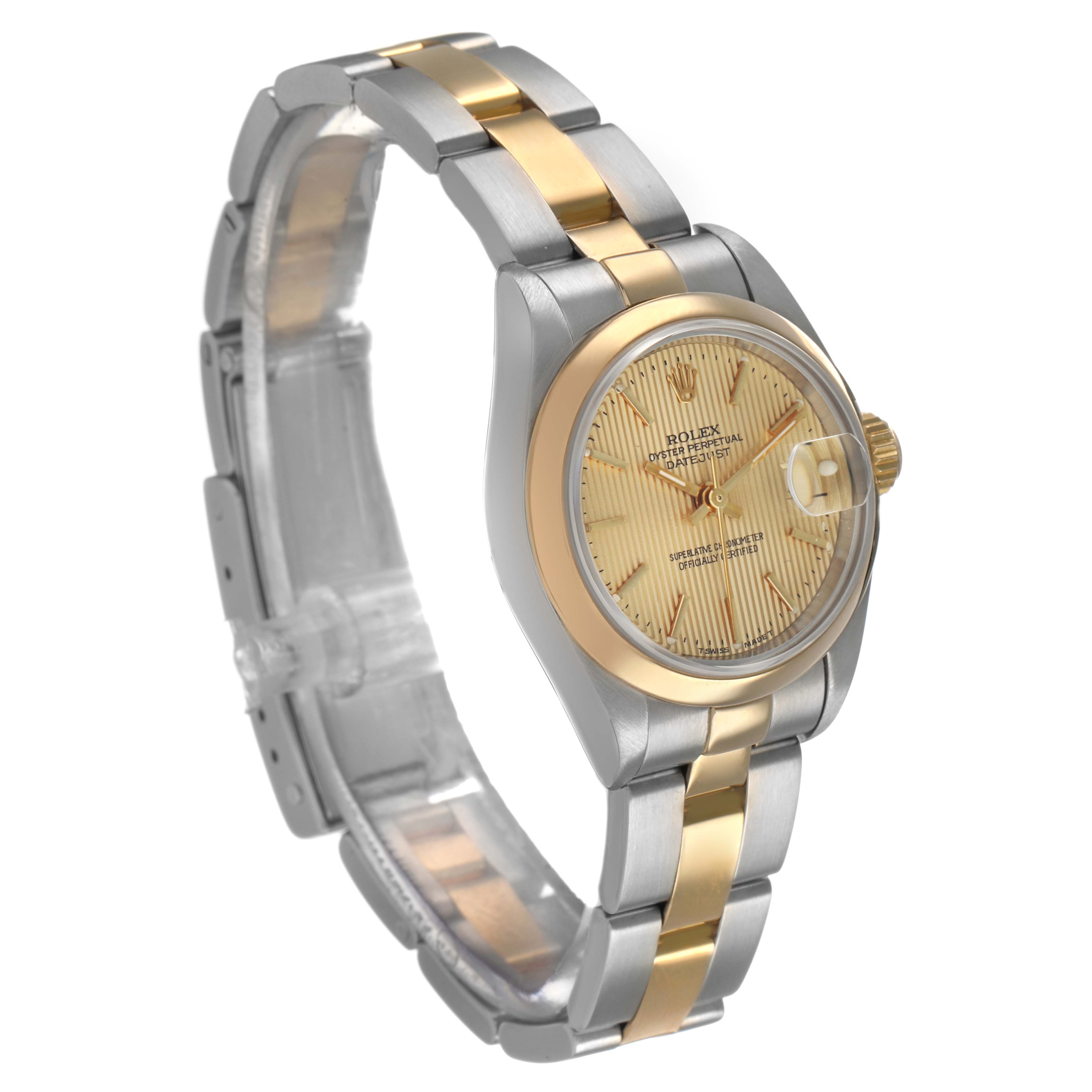 The Rolex Datejust 69163 Women's Steel and Gold (two tone) Champagne Dial watch is shown at a three-quarter angle, highlighting the dial, bezel, and bracelet.