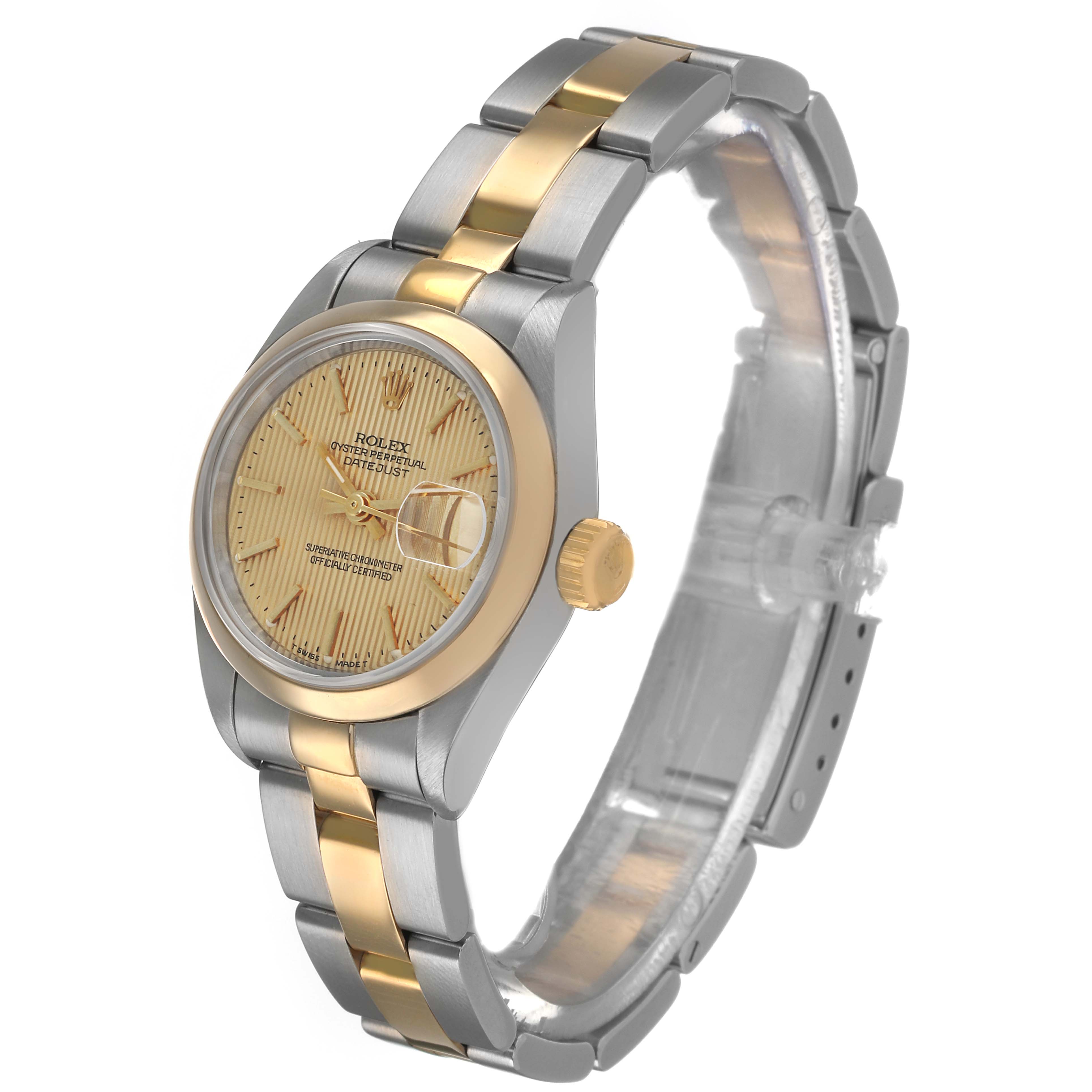 The Rolex Datejust 69163 Women's Steel and Gold (two tone) Champagne Dial is shown at a 3/4 angle, displaying the dial, bezel, bracelet, and crown.
