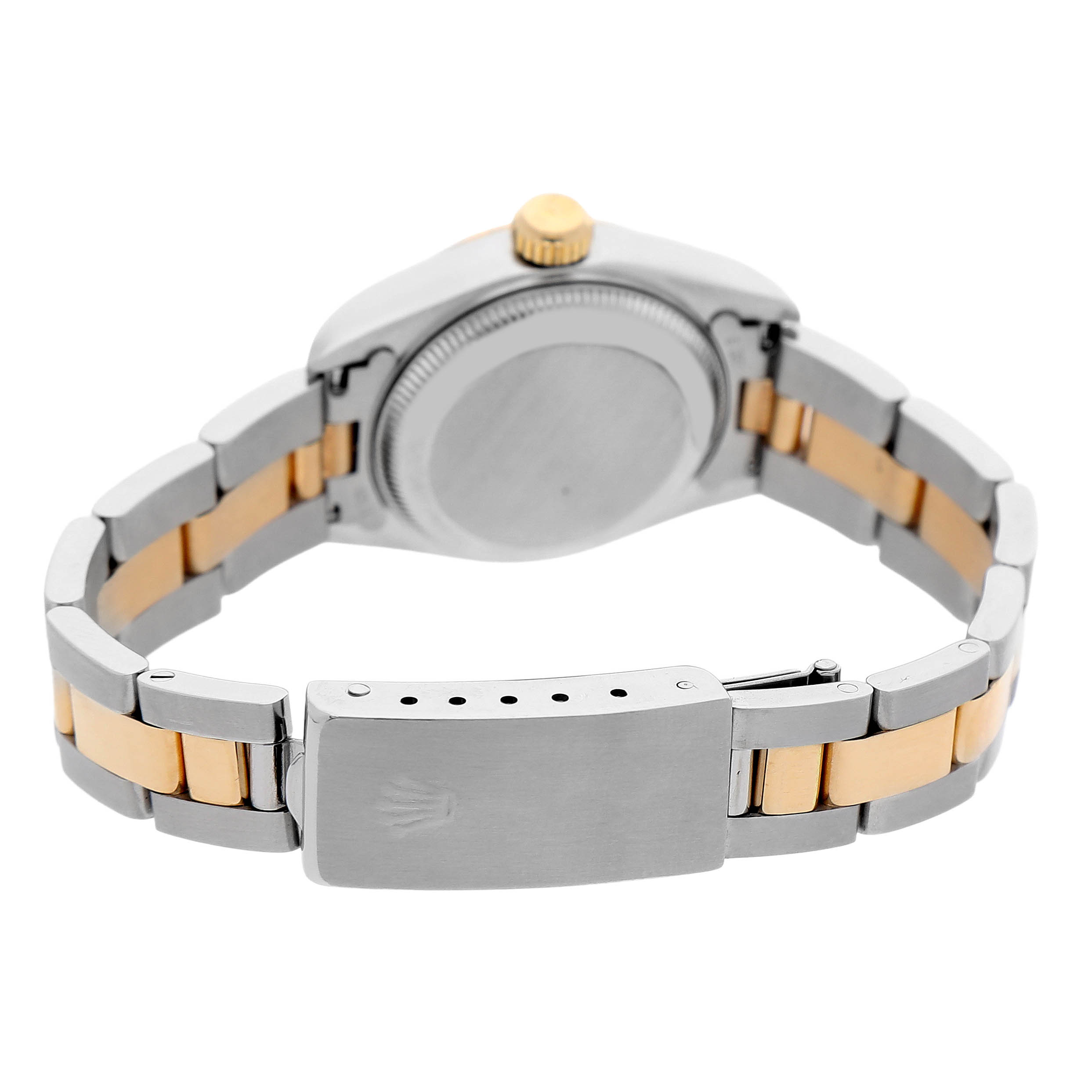 The image shows the Rolex Datejust 69163 Women's Steel and Gold (two tone) Champagne Dial watch from the back, focusing on the clasp and dual-tone metal bracelet.