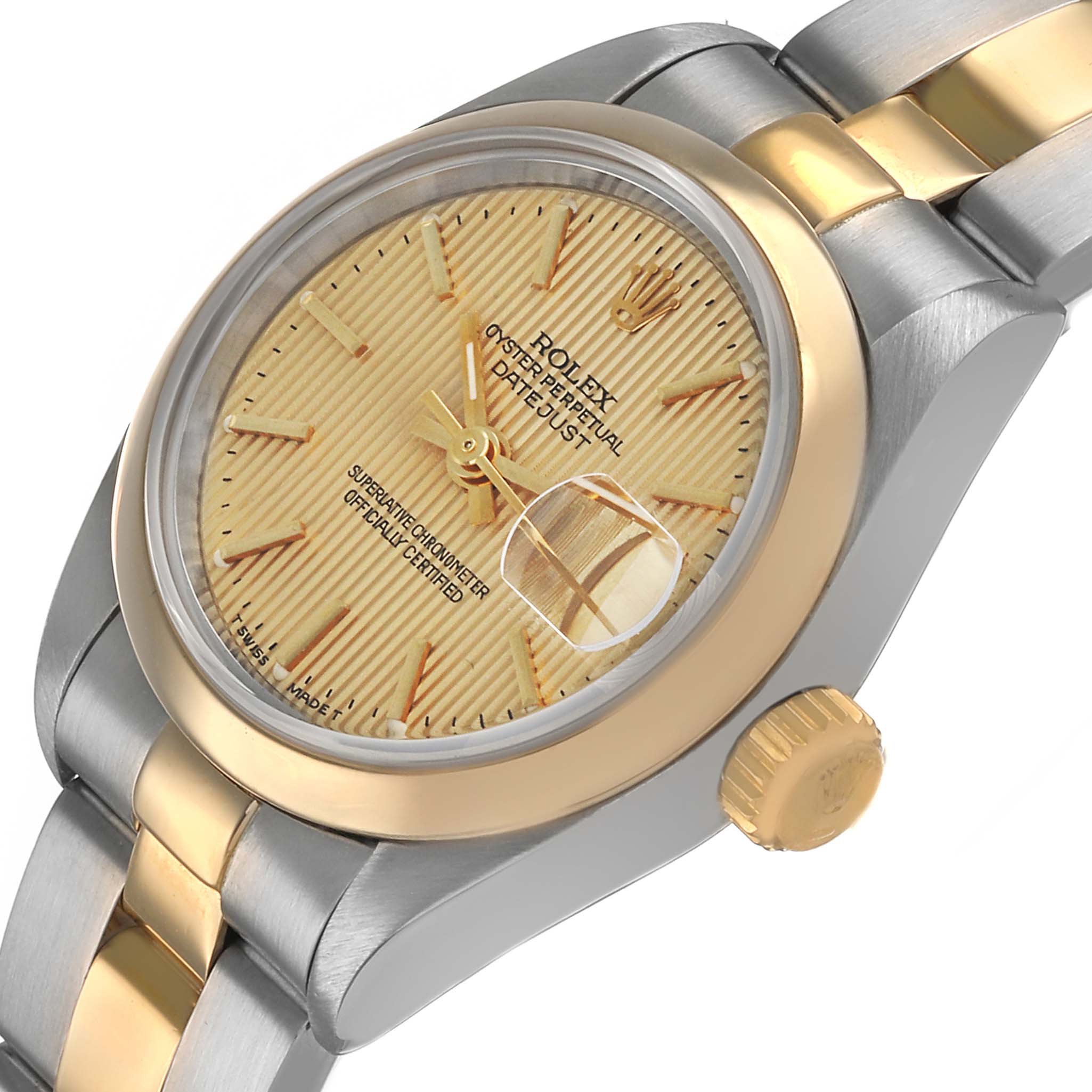 The image shows a side view of a Rolex Datejust 69163 Women's Steel and Gold (two tone) Champagne Dial watch, highlighting the bezel, dial, crown, and part of the bracelet.