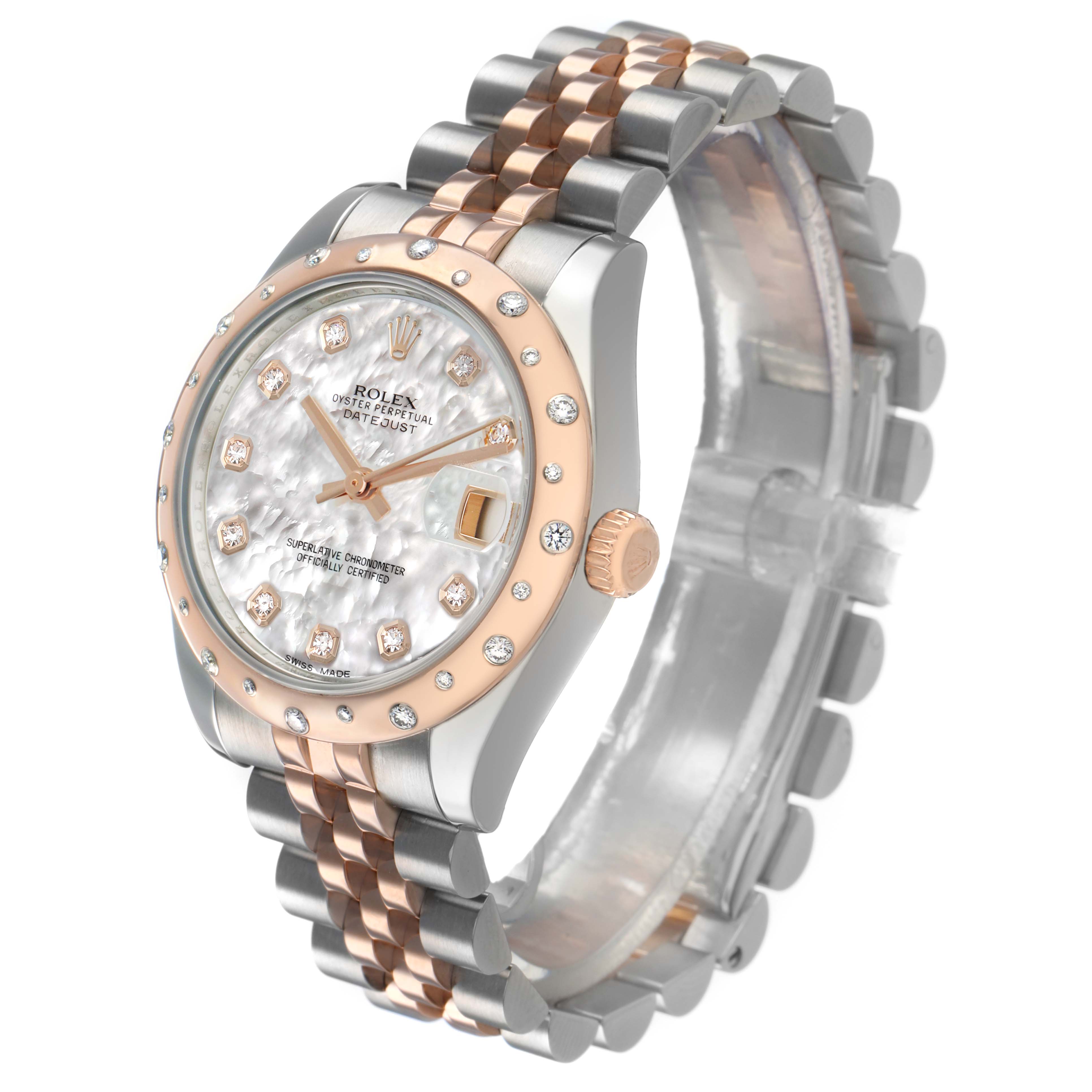 The Rolex Datejust 178341 Women's Steel and Gold (two tone) Mother of Pearl Dial watch is shown at a 3/4 angle, detailing the face, bezel, crown, and two-tone Jubilee bracelet.