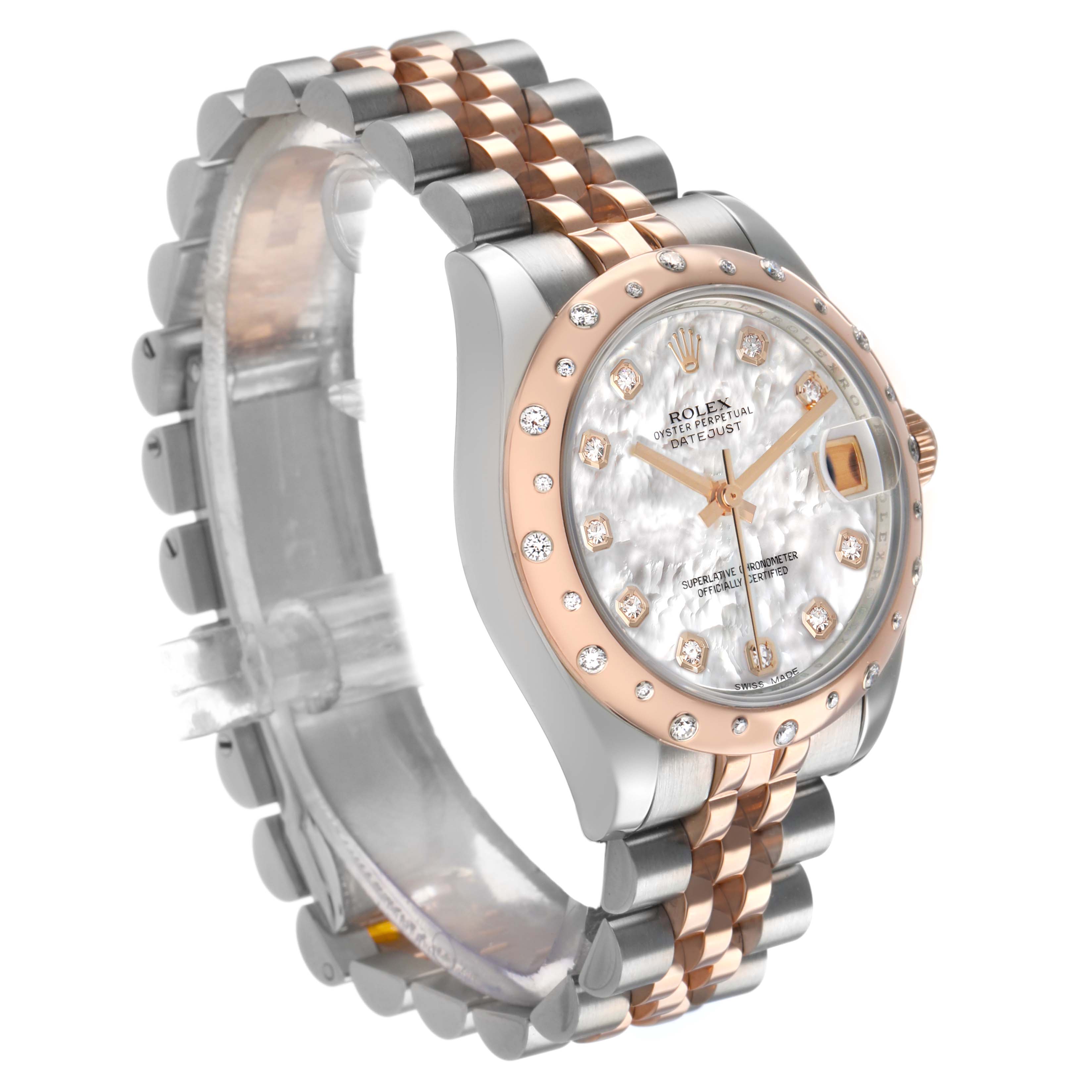 The Rolex Datejust 178341 Women's Steel and Gold (two tone) Mother of Pearl Dial watch is shown from a three-quarter angle, displaying the dial, bezel, case, and bracelet links.